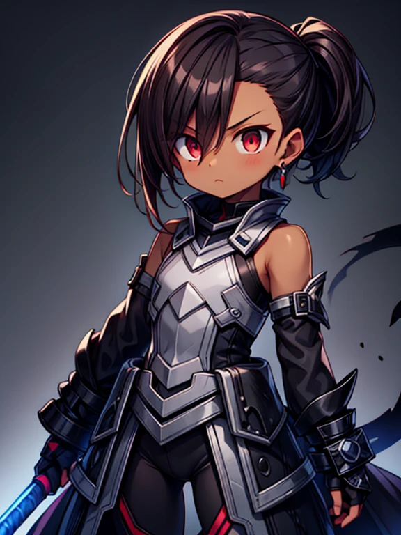 Masterpiece High res, high definition, (((dark skin tone))),dark skin male, dark skin, cute shota,red eyes, black hairpin, brown hair, medium dark brown hair,wearing a black exoskeleton, detached sleeves, black armoured Gauntlets, black tech jacket, black bodysuit,black exoskeleton, black fingerless gloves, blue gems, 
