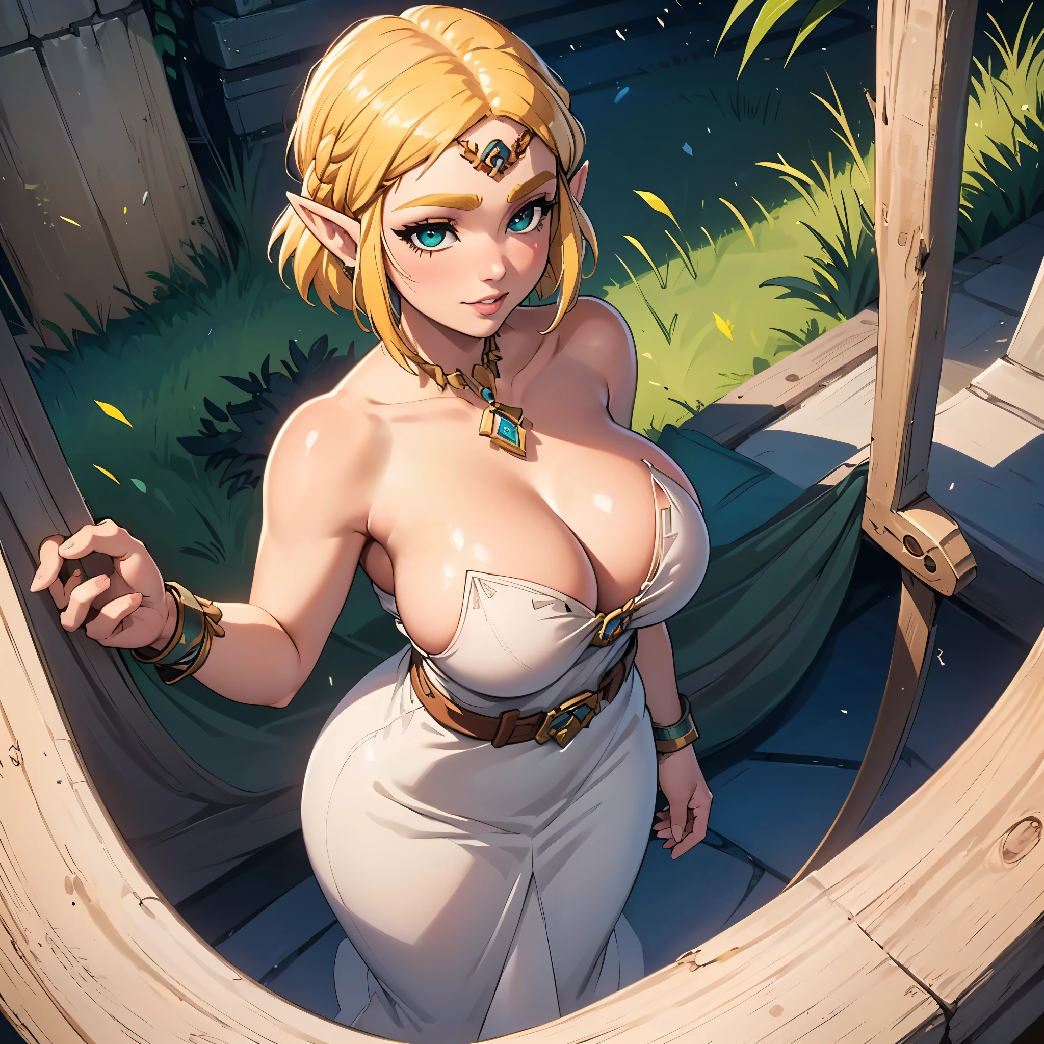 A Mature Woman with long hair in blue and beige clothing holding a modeling pose, warrior, Zelda, full body Portrait of Zelda, Zelda legend, Photos cosplay, Ornate Cosplay, Professional Cosplay, Cosplay, Full Cosplay, Artgerm Moody Photography, Princess Zelda, Zelda as Triforce, Hyrule, Anime Garota Cosplay, ray-traced, 3d-render, extremely detailed, high quality, realistic light and shadow, hair loiros, eye reflection, slight smile, (Ultra Quality,Unparalleled Masterpiece:1.4)Overwhelmingly Pixel-Perfect,Ultra-Detailed CG 4K,(Ultra-Detailed Clear Absurdly-Vivid Jade Big Eyes:1.2),Gorgeous Round Detailed Face(Voluptuous:1.4)Elf(big Breasts:1.8)(Voluminous Long Blonde Hair: 1.4),ADULT(Bangs, Sidelocks:1.2)Seductive(intricately detailed white dress:1.3)(Zelda)(Celestine Lucullus: 1.2)(Solo:1.4)(1Girl: 0.5)(Facing Viewer:1.2)(arms behind back:1.2)(Cowboy Shot:1.2)(from above:1.1),Skindentation(Curvaceous:1.4)(Curvy:1.4)(Bimbo: 1.4)(Normal Waist: 1.2)(Thick Lips: 1.3)small-nose(light smile: 1.2)Rocks,Trees, Plants,Bush,Color Graded