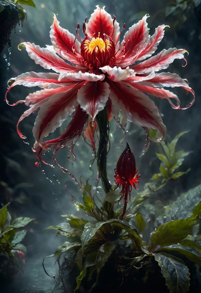 Magic plantloody ghost flower from the abyss, Ghost Flower,Blood-red tentacles stare at the dead，Enchantment，uncanny，terror