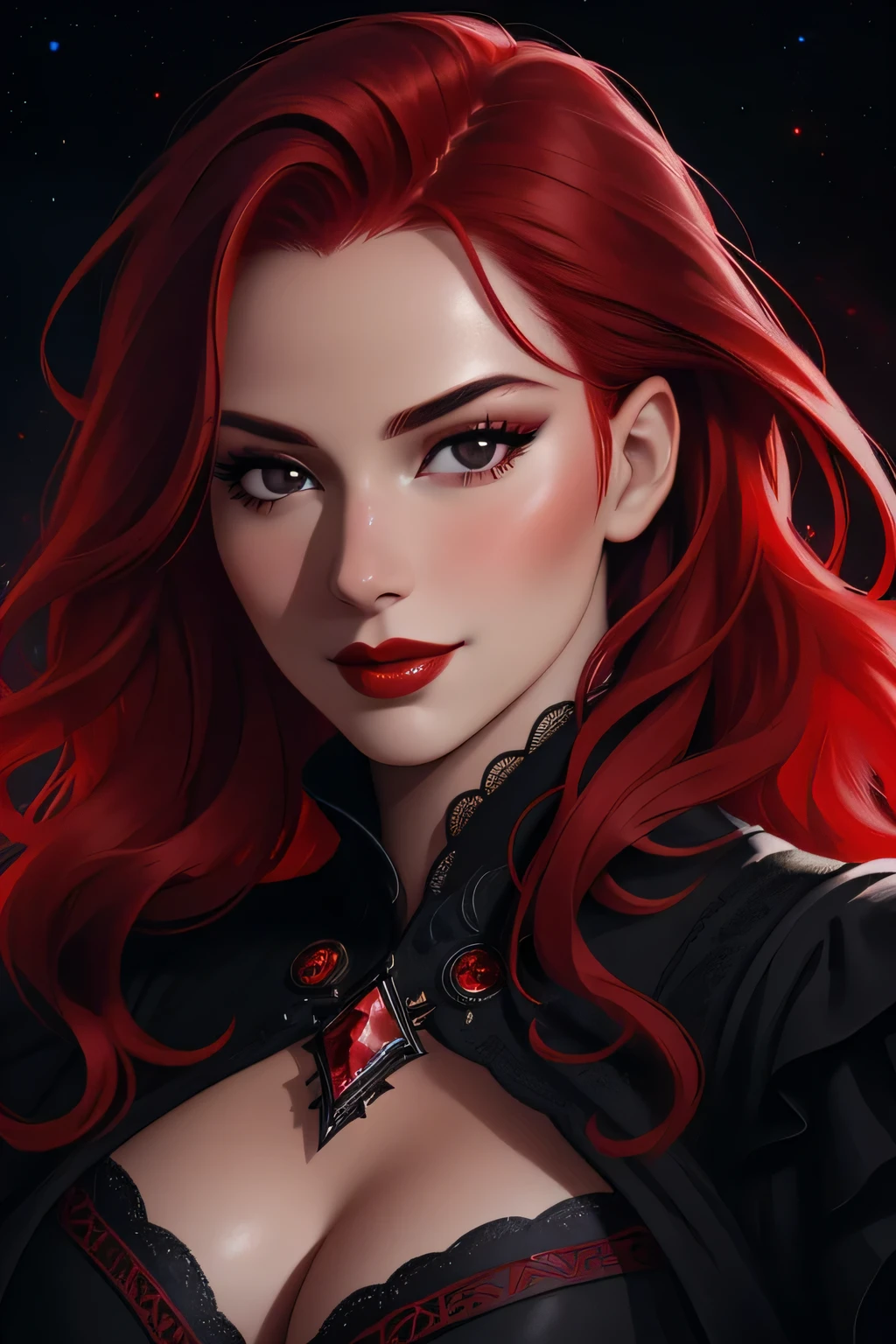 face close up, portrait shot, ((vivid red hair)), mature woman, 30 years old, diamond face, red starry sky background, depth of field, magic, big red lips, ((dark and black eyes)) black and red long and full dress, covered chest, mystical atmosphere, ominous shadows, Intense blue aura, Intense red aura (best quality:1.2), absurdres, intricate details, (highly detailed skin:1.2), smile expression, posing, taut and well defined body, attractive. Highly realistic, white skin, beautiful, hyperrealism, skin very elaborated, direct gaze,