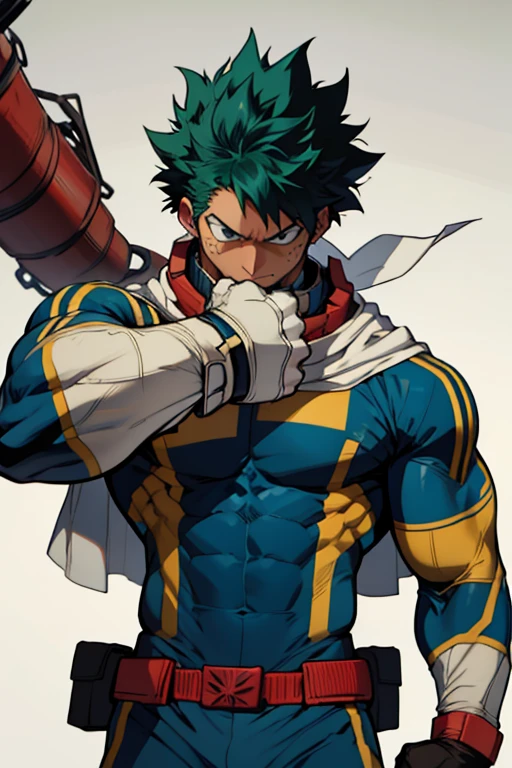 Un Izuku Midoriya con la musculatura de All Might , With toned and robust muscles, His strength and endurance would be unmatched.. His All Might-inspired suit would be a perfect combination of style and functionality., with the characteristic design in the shape of "Y" en el pecho y los colores verde, negro y blanco decorando su uniforme. The cape billowing behind him would add a touch of majesty to his appearance., making it look even more impressive