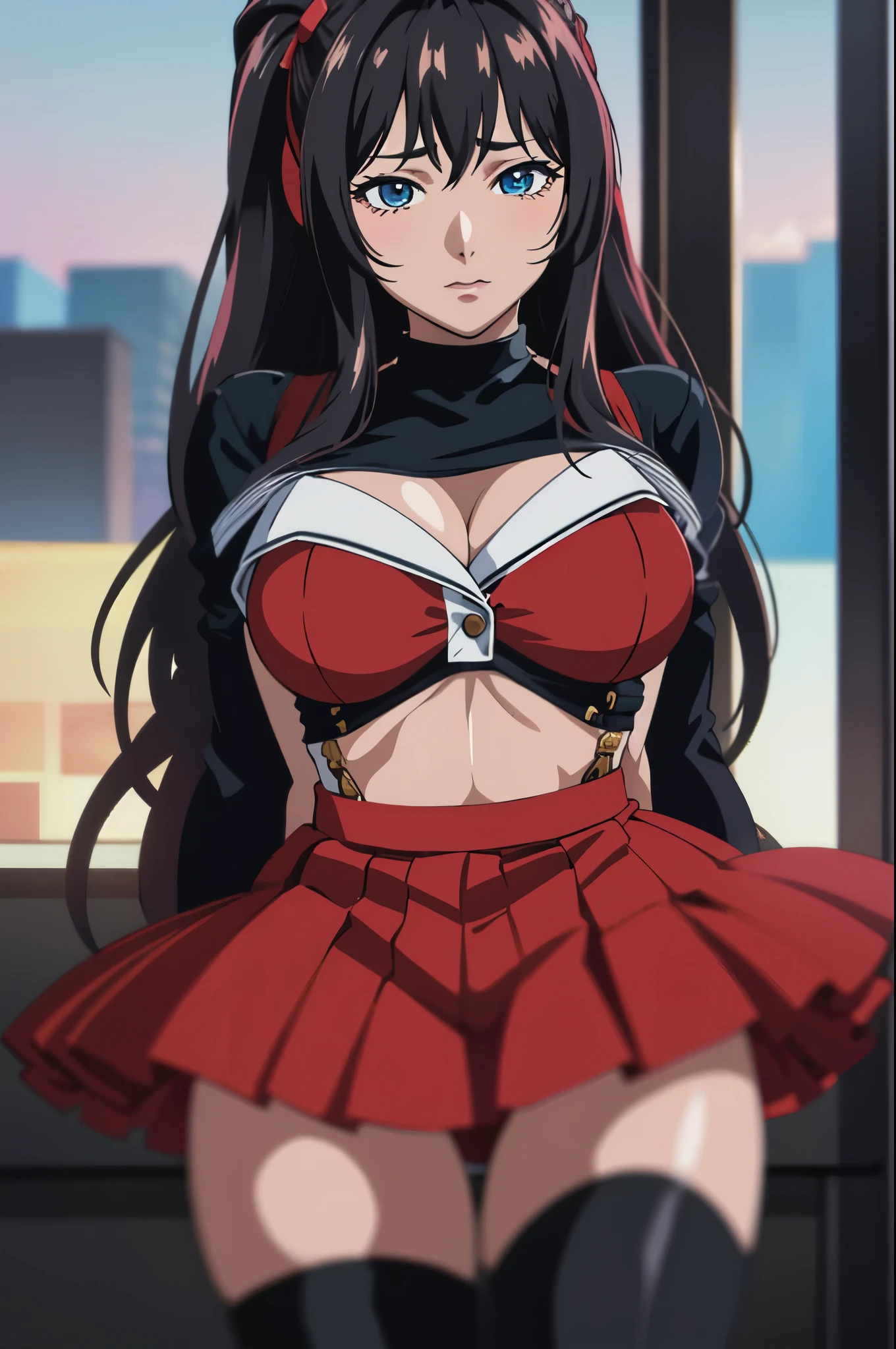 masterpiece, best quality, highres, 1girl kaori saeki,   but with exposed breasts, skin tight red skirt, black thigh high stockings, classroom, cowboy shot, horny, looking at viewer, focus solo 