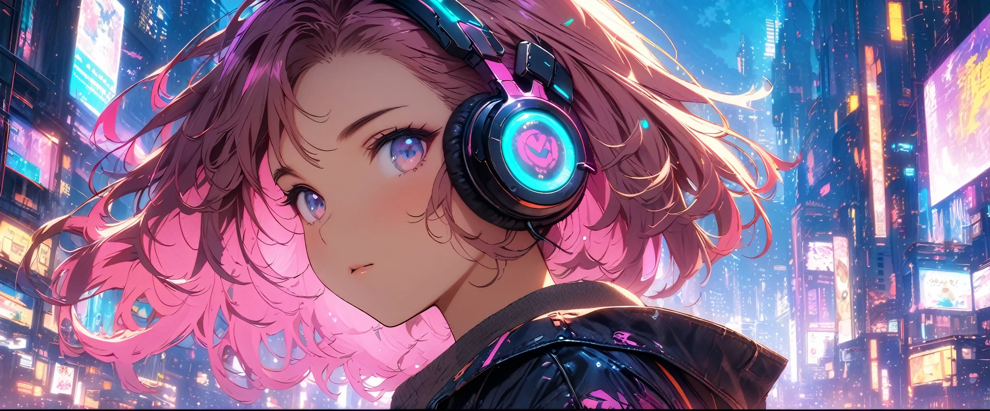 ((masterpiece, highest quality, Best image quality, High resolution)), ((Highly detailed CG synthesis 8k wallpaper)), Anime girl with futuristic hair and headphones in front of a city, Digital Cyberpunk anime art, Cyberpunk Anime Girl, Digital Cyberpunk - Anime Art, Dreamy Cyberpunk Girl, female Cyberpunk Anime Girl, Cyberpunk art style, Portrait of a cyberpunk girl, anime cyberpunk art, Anime Style 4K, Cyberpunk beautiful girl, Cyberpunk atmosphere, Cute Cyborg Girl, Cyberpunk anime art, Anime Style. 8k、Close-up face