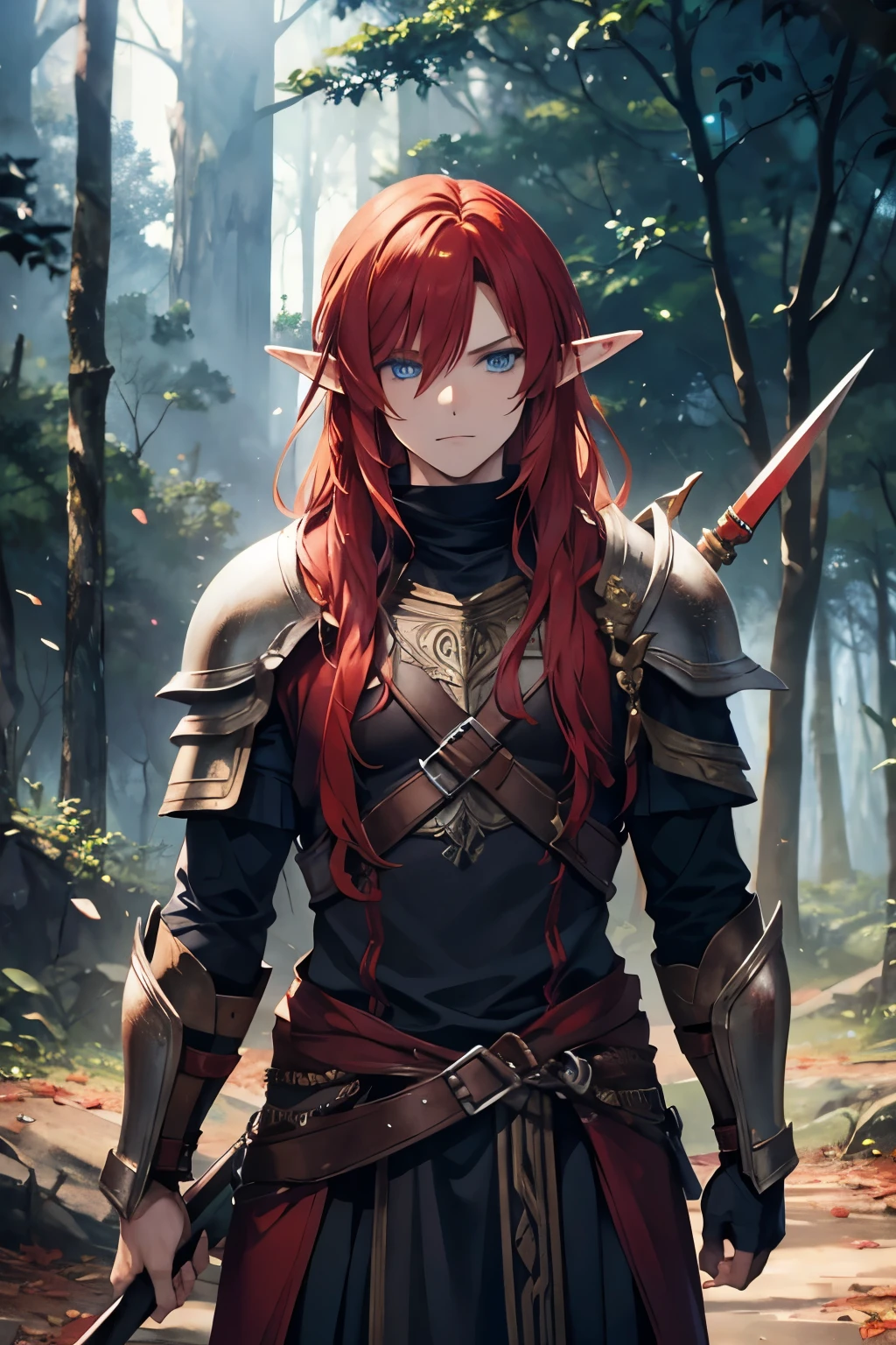 Elf guy, with medium-length red hair, dressed in barbarian armor, blue eyes, against a background of a dense forest