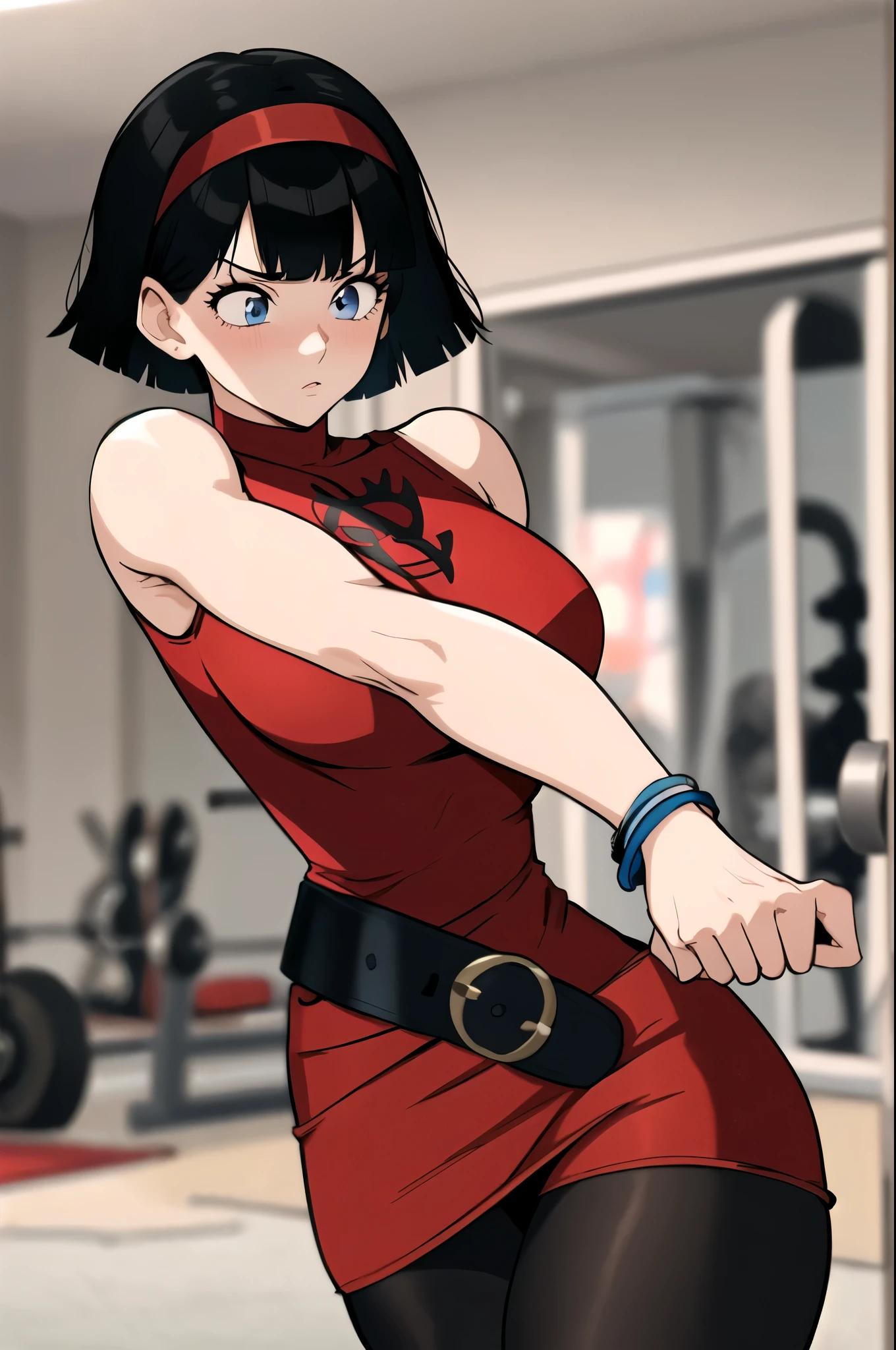 masterpiece, 4k, detailed, best quality,  1girl, VidelDress, blue eyes, black hair, hairband, short hair, red hairband, bangs, sleeveless, dress, jewelry, belt, red dress, bracelet, breasts, pantyhose, black pantyhose, bare shoulders, sleeveless dress, blunt bangs, interior, dumbbell, gym