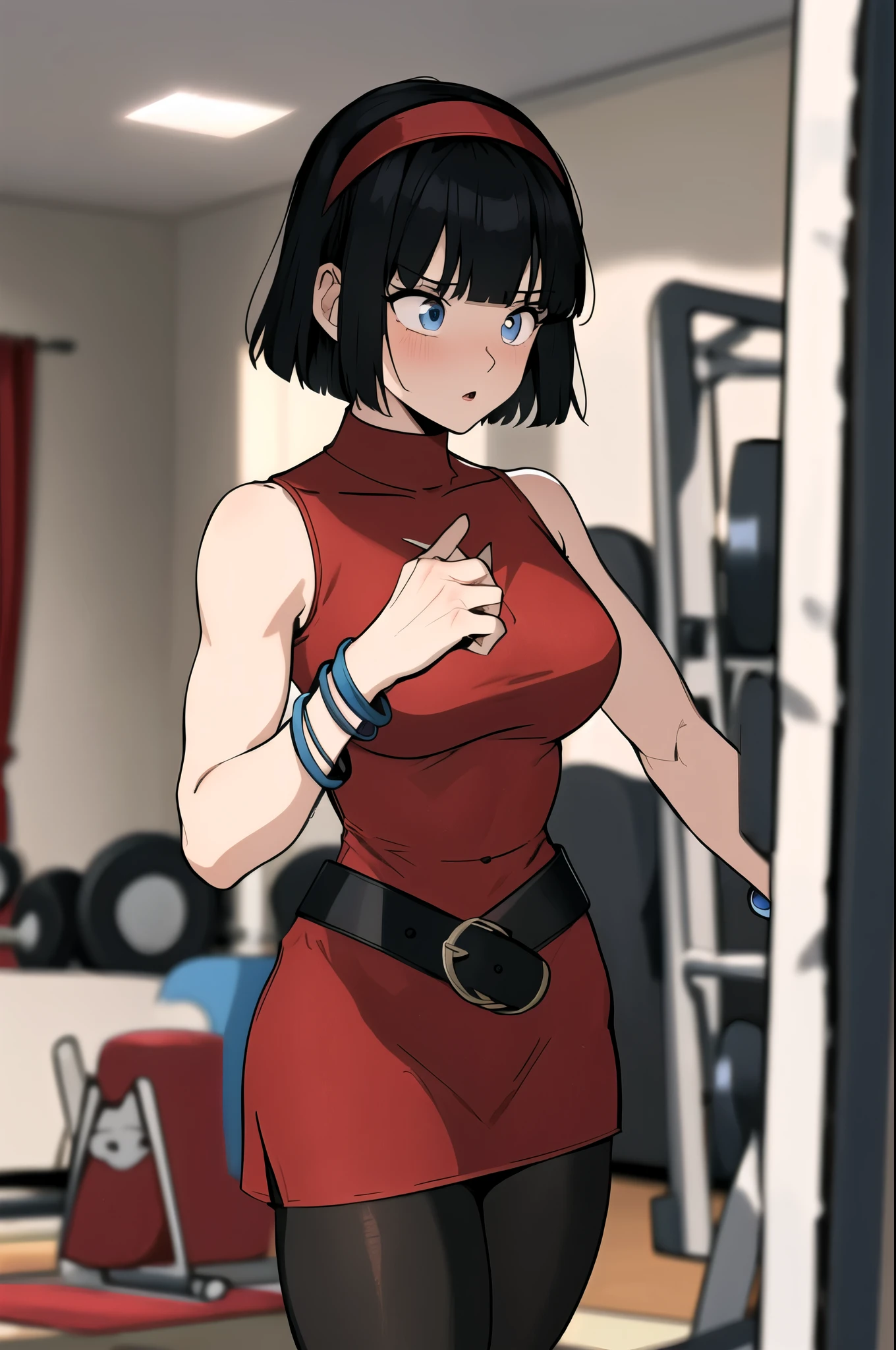 masterpiece, 4k, detailed, best quality,  1girl, VidelDress, blue eyes, black hair, hairband, short hair, red hairband, bangs, sleeveless, dress, jewelry, belt, red dress, bracelet, breasts, pantyhose, black pantyhose, bare shoulders, sleeveless dress, blunt bangs, interior, dumbbell, gym