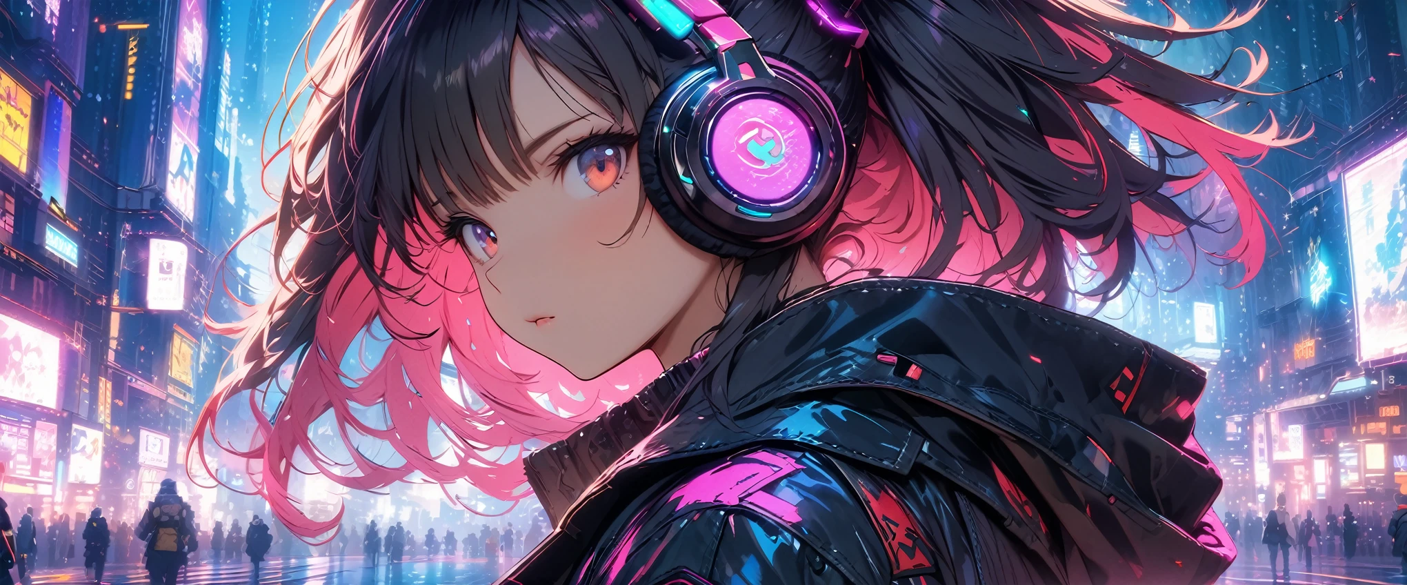 ((masterpiece, highest quality, Best image quality, High resolution)), ((Highly detailed CG synthesis 8k wallpaper)), Anime girl with futuristic hair and headphones in front of a city, Digital Cyberpunk anime art, Cyberpunk Anime Girl, Digital Cyberpunk - Anime Art, Dreamy Cyberpunk Girl, female Cyberpunk Anime Girl, Cyberpunk art style, Portrait of a cyberpunk girl, anime cyberpunk art, Anime Style 4K, Cyberpunk beautiful girl, Cyberpunk atmosphere, Cute Cyborg Girl, Cyberpunk anime art, Anime Style. 8k、Close-up face