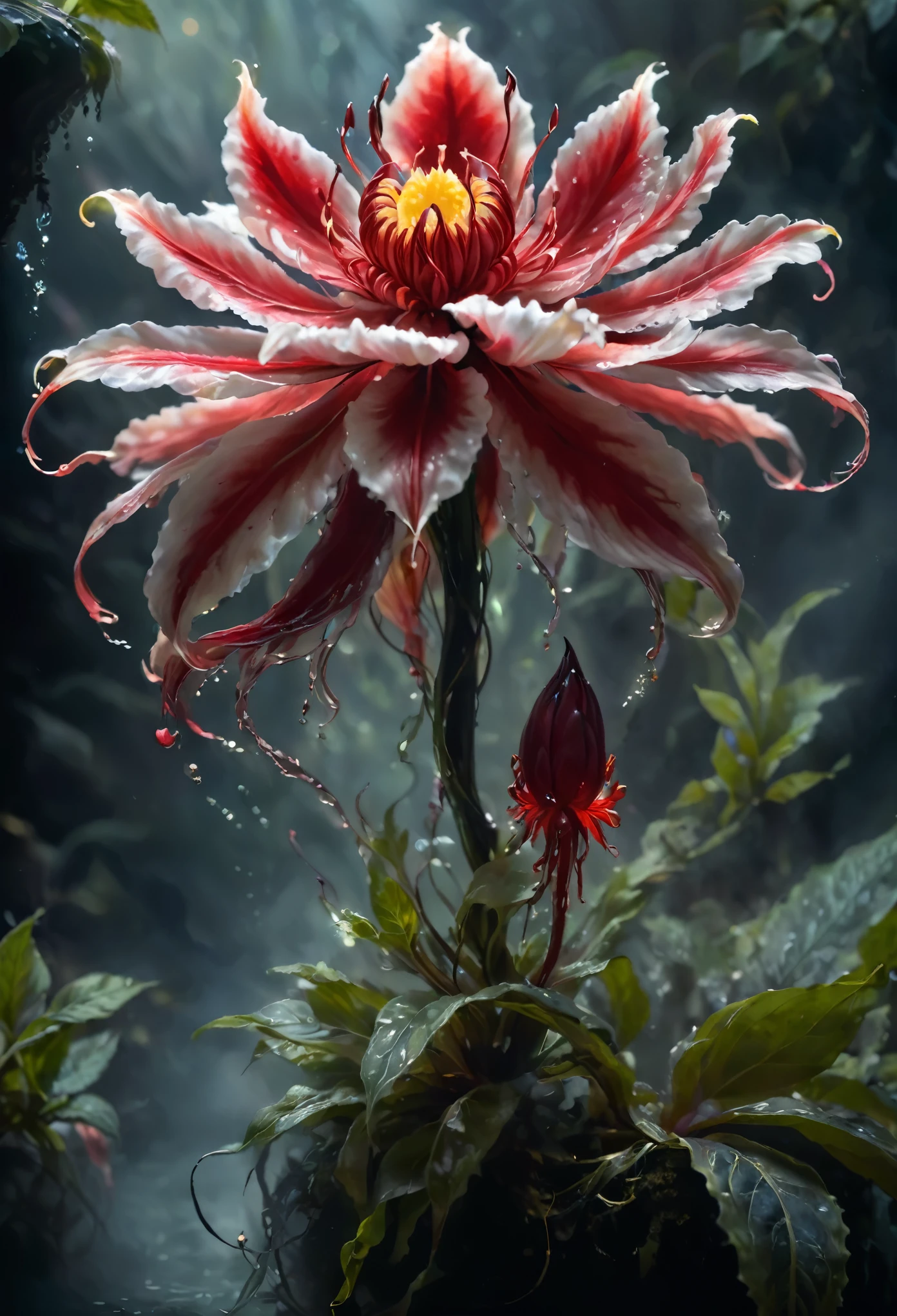 Magic plantloody ghost flower from the abyss, Ghost Flower,Blood-red tentacles stare at the dead,Enchantment,uncanny,terror