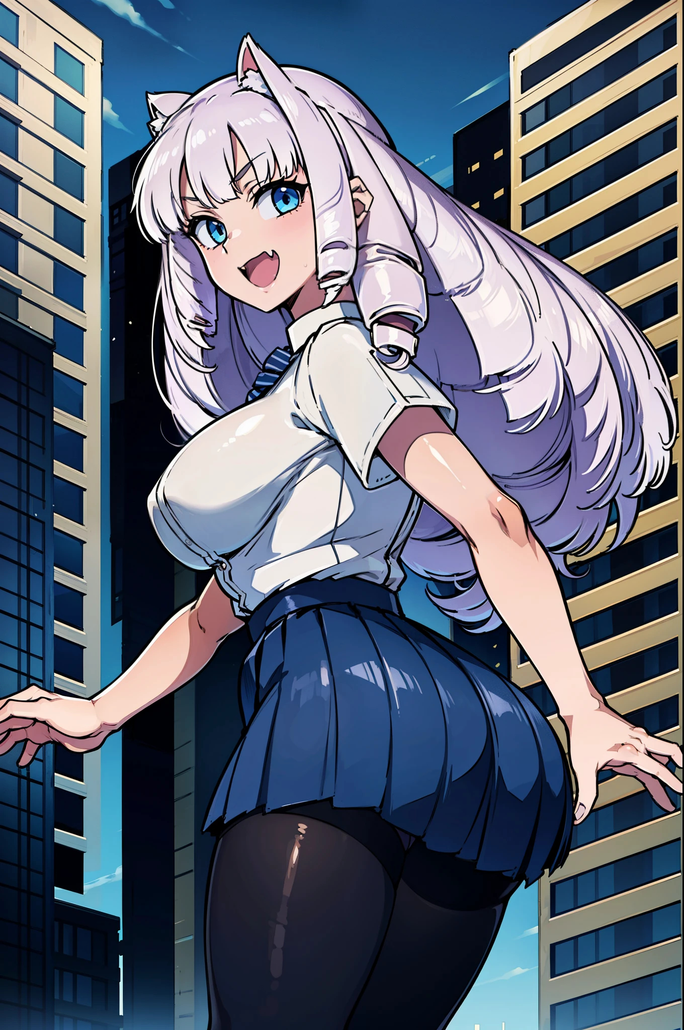 1girl, solo, Fujido Oriko, giantess, black pantyhose, blue eyes blue skirt, blunt bangs, breasts, cowboy shot, drill hair, fang, large breasts, long hair, looking at viewer, looking back, open mouth, pantyhose, pleated skirt, purple hair, shirt, short sleeves, skirt, kung fu pose, white hair, white shirt, standing, giant among buildings, taller than a skyscraper, Masterpiece, Best quality,