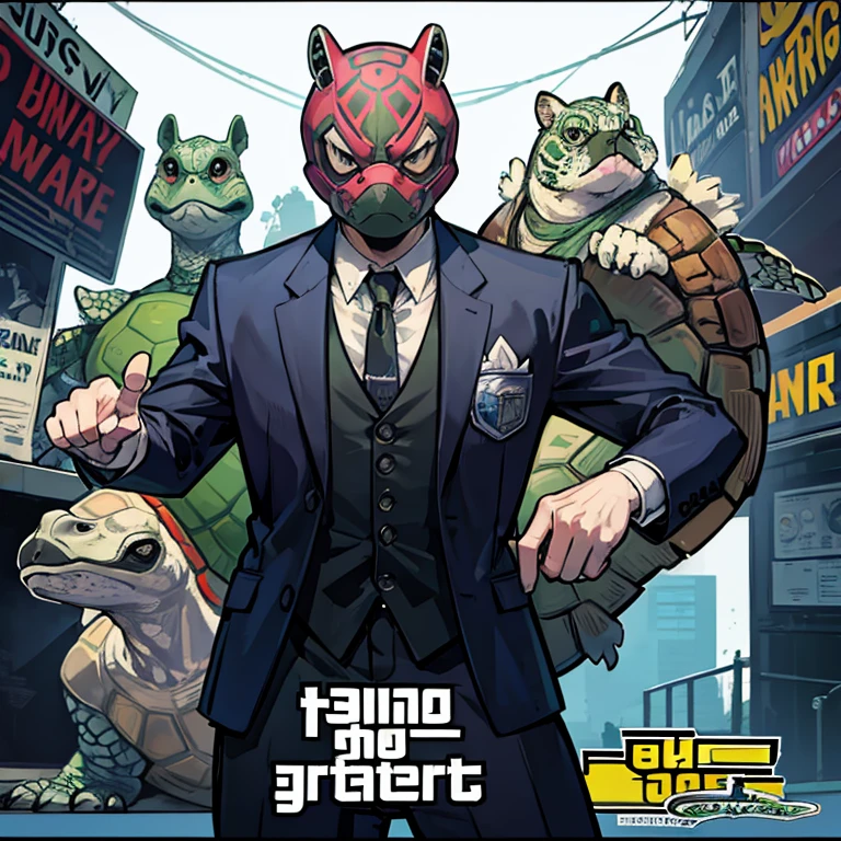 Generates a Grand Theft Auto style image/poster that a person with a turtle mask with a suit in gta v with a team of animals behind