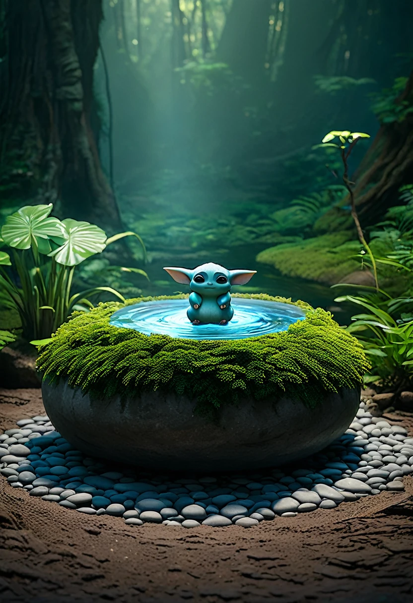 Fantasy forest, grogu sitting in center, making a rock float