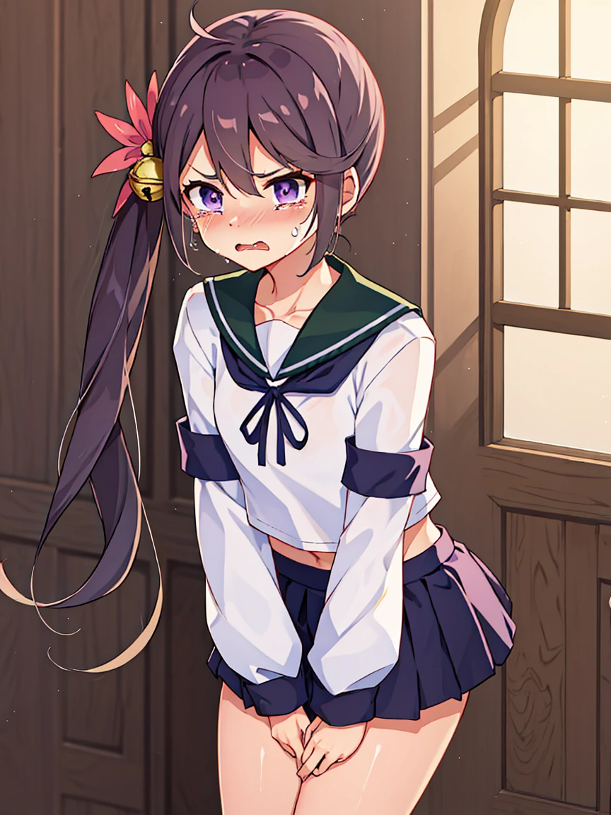 akebono_kantaicollection, purple_hair, long_hair, hair_ornament, side_ponytail, purple_eyes, flower, hair_flower, hair_bell, bell, jingle_bell, serafuku, very_long_hair, school_uniform, skir, (small breasts, little body), (short stature:1.2), 1 little gilr , solo, looking at viewer
BREAK 
(sfw:1.3), have to pee, hand between legs, leaning forward, trembling, 
BREAK
(anger), (crying), (blush), (open your mouth:1.3), (wavy mouth)
BREAK
official art, best masterpiece, best quality, best resolution, 8K, best detailed, highly detailed hands, highly detailed fingers, very detailed mouth, perfect anatomy
BREAK
(door, workroom), dust, dust, light particles, very fine and detailed 16KCG wallpapers