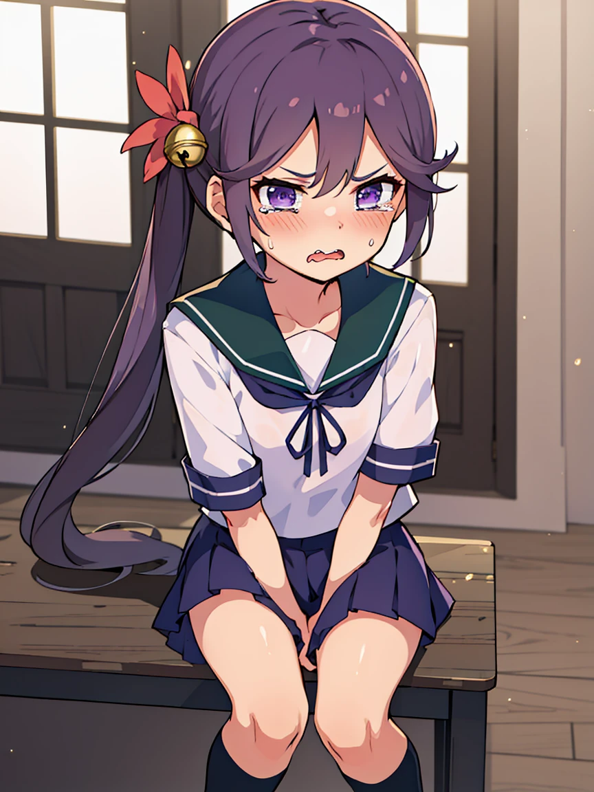 akebono_kantaicollection, purple_hair, long_hair, hair_ornament, side_ponytail, purple_eyes, flower, hair_flower, hair_bell, bell, jingle_bell, serafuku, very_long_hair, school_uniform, skir, (small breasts, little body), (short stature:1.2), 1 little gilr , solo, looking at viewer
BREAK 
(sfw:1.3), have to pee, hand between legs, leaning forward, trembling, 
BREAK
(anger), (crying), (blush), (open your mouth:1.3), (wavy mouth)
BREAK
official art, best masterpiece, best quality, best resolution, 8K, best detailed, highly detailed hands, highly detailed fingers, very detailed mouth, perfect anatomy
BREAK
(door, workroom), dust, dust, light particles, very fine and detailed 16KCG wallpapers