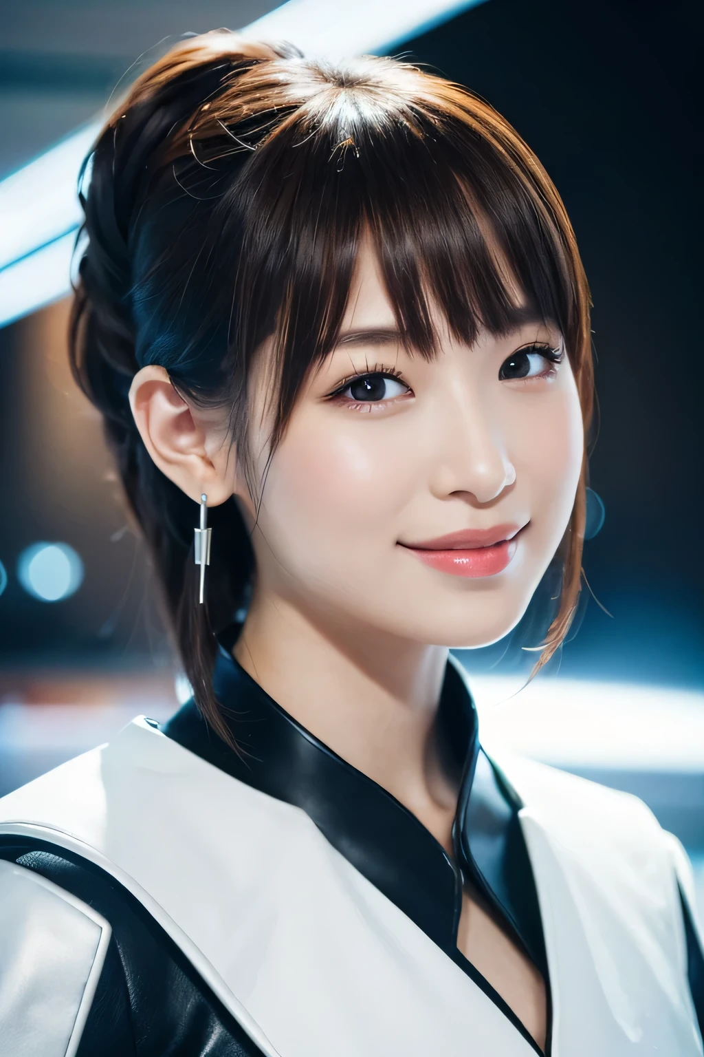 1 girl, (Wearing a futuristic white stage outfit:1.2), Very beautiful Japanese idol portraits,
(RAW Photos, highest quality), (Realistic, Realistic:1.4), (masterpiece),
Very delicate and beautiful, Very detailed, 2k wallpaper, wonderful, finely, Very detailed CG Unity 8K wallpaper, Very detailed, High resolution, Soft Light,
Beautiful detailed girl, Very detailed目と顔, Beautiful and sophisticated nose, Finely beautiful eyes, Cinema Lighting,
(In a futuristic building:1.3),
(Medium Hair), (bangs),
Complete Anatomy, Slender body, Small breasts, smile