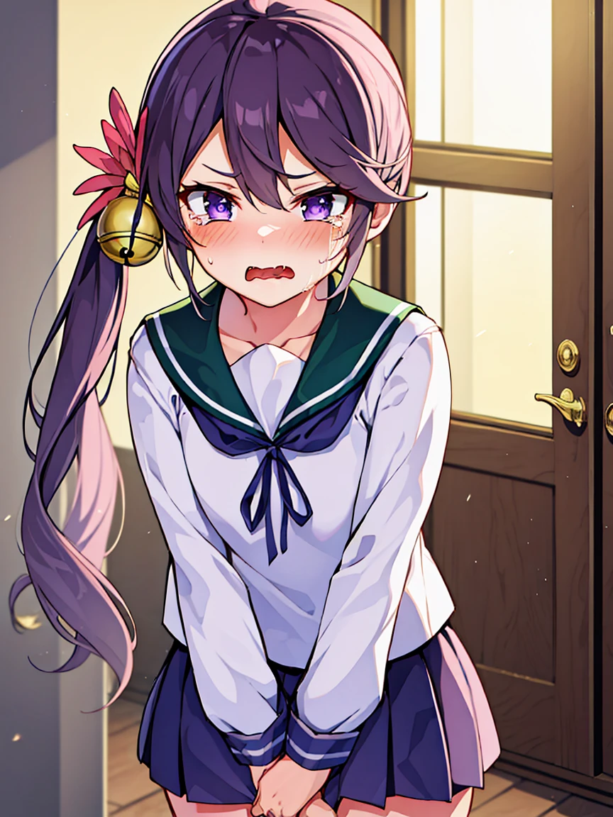 akebono_kantaicollection, purple_hair, long_hair, hair_ornament, side_ponytail, purple_eyes, flower, hair_flower, hair_bell, bell, jingle_bell, serafuku, very_long_hair, school_uniform, skir, (small breasts, little body), (short stature:1.2), 1 little gilr , solo, looking at viewer
BREAK 
(sfw:1.3), have to pee, hand between legs, leaning forward, trembling, 
BREAK
(anger), (crying), (blush), (open your mouth:1.3), (wavy mouth)
BREAK
official art, best masterpiece, best quality, best resolution, 8K, best detailed, highly detailed hands, highly detailed fingers, very detailed mouth, perfect anatomy
BREAK
(door, workroom), dust, dust, light particles, very fine and detailed 16KCG wallpapers