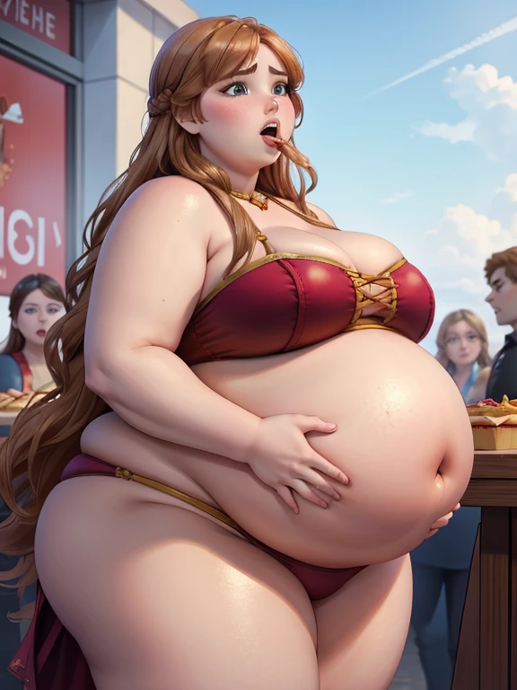 Food contest, eating fast food, Fat pregnant Anna, opened mouth, long hair, eyeshadow, blushed, big cheeks, bikini, Big lips, double chin, chubby body,bbw, morbidly obese, fat rolls, pregnant belly, weight gain,