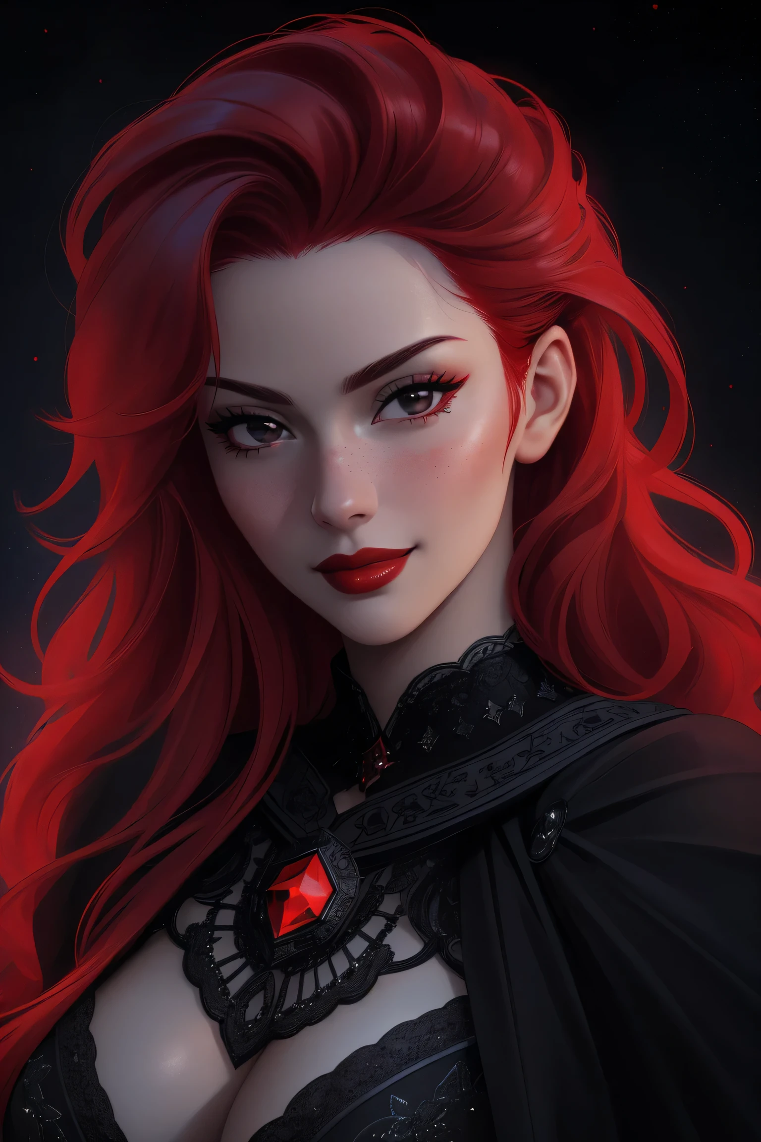(Masterpiece - Ultra-Detailed, High Resolution)  ((vivid red hair)), mature woman, 30 years old, diamond face, red starry sky background, depth of field, magic, big red lips, ((dark and black eyes)) black and red long and full dress, covered chest, mystical atmosphere, ominous shadows, Intense blue aura, Intense red aura (best quality:1.2), absurdres, intricate details, (highly detailed skin:1.2), smile expression, posing, taut and well defined body, attractive. Highly realistic, white skin, beautiful, hyperrealism, skin very elaborated, direct gaze.