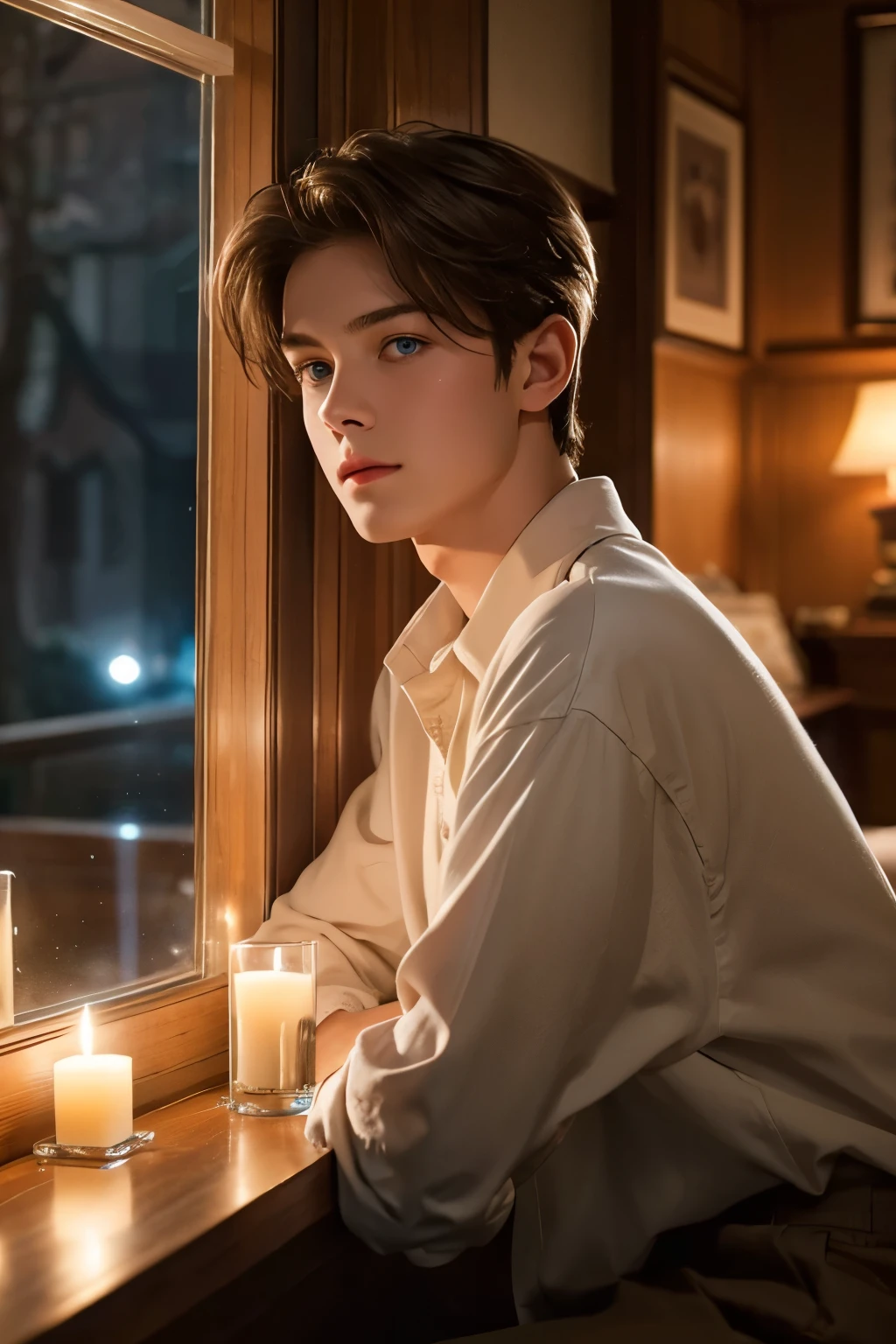(Best Quality, Realistic), 12 Years 1Boy, Detailed Eyes, Detailed Lips, Brown Hair, Blue Eyes, Watching, Room, Cozy Ambience, Soft Lighting, Tranquil Ambience, Male