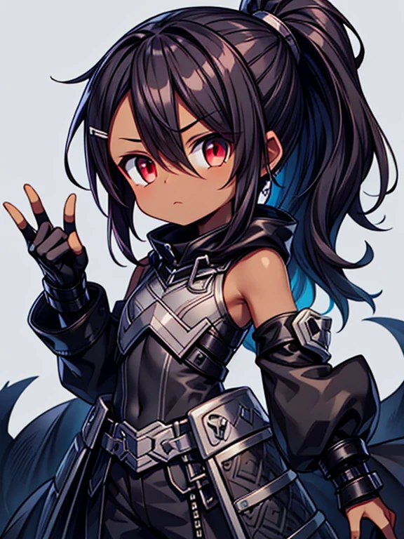 Masterpiece High res, high definition, (((dark skin tone))),dark skin male, dark skin, cute shota,red eyes, black hairpin, brown hair, medium dark brown hair,wearing a black exoskeleton, detached sleeves, black armoured Gauntlets, black tech jacket, black bodysuit,black exoskeleton, black fingerless gloves, blue gems,
Black hair accessories,