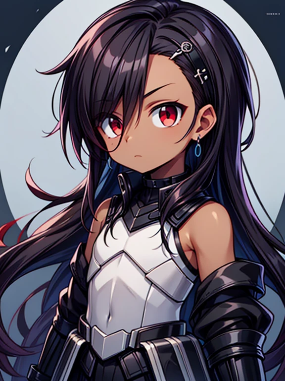 Masterpiece High res, high definition, (((dark skin tone))),dark skin male, dark skin, cute shota,red eyes, black hairpin, brown hair, medium dark brown hair,wearing a black exoskeleton, detached sleeves, black armoured Gauntlets, black tech jacket, black bodysuit,black exoskeleton, black fingerless gloves, blue gems, 
Black hair accessories,