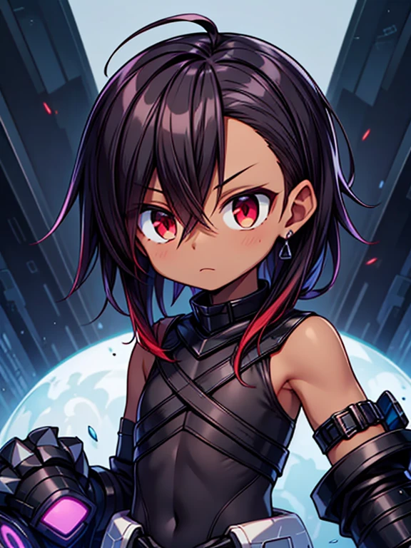 Masterpiece High res, high definition, (((dark skin tone))),dark skin male, dark skin, cute shota,red eyes, black hairpin, brown hair, medium dark brown hair,wearing a black exoskeleton, detached sleeves, black armoured Gauntlets, black tech jacket, black bodysuit,black exoskeleton, black fingerless gloves, blue gems, 
Black hair accessories,