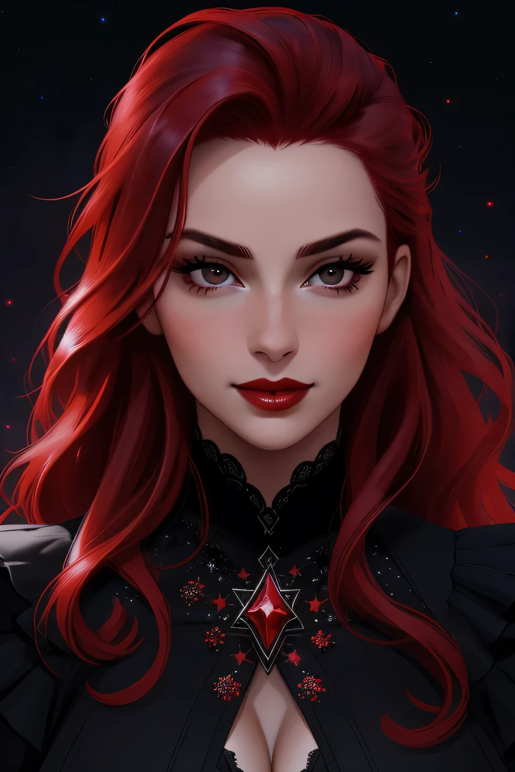 face close up, portrait shot, ((vivid red hair)), mature woman, 30 years old, diamond face, red starry sky background, depth of field, magic, big red lips, ((dark and black eyes)) black and red long and full dress, covered chest, mystical atmosphere, ominous shadows, Intense blue aura, Intense red aura (best quality:1.2), absurdres, intricate details, (highly detailed skin:1.2), smile expression, posing, taut and well defined body, attractive. Highly realistic, white skin, beautiful, hyperrealism, skin very elaborated, direct gaze,