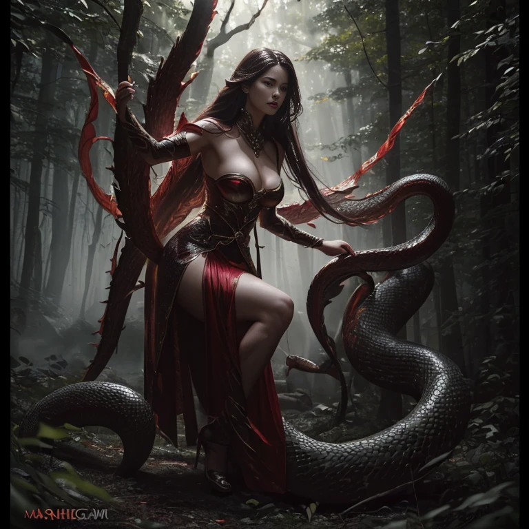 (master piece:1.5), (best quality:1.5), (exquisite lighting and shadow, highly dramatic picture, cinematic lens effect) (Photorealistic picture) (Card game image) 8k, wallpaper, dynamic pose, full body white serpent lady, naga lady, half serpent lady, red eyes, dark forest background, highly detailed, realistic, cinematic lighting, studio quality