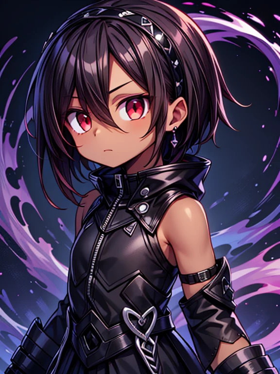 Masterpiece High res, high definition, (((dark skin tone))),dark skin male, dark skin, cute shota,red eyes, black hairpin, brown hair, medium dark brown hair,wearing a black exoskeleton, detached sleeves, black armoured Gauntlets, black tech jacket, black bodysuit,black exoskeleton, black fingerless gloves, blue gems,Black hair accessories, zoom out