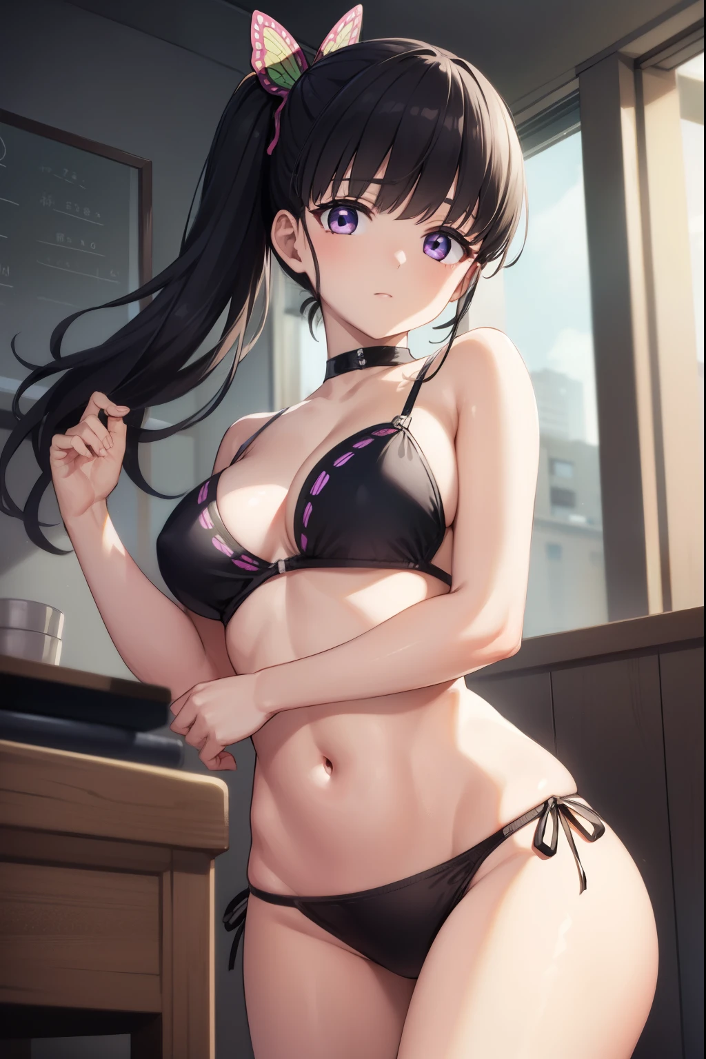 Inside the hut, girl, lying down, black hair, purple eyes, black glasses, white skin, delivery table, mole in the neckline, mole under the eye, navel, rotor, electric machine, pink cylindrical machine, pink bikini, Micro Bikini, Blush, Cara Brava, Annex Cloudy