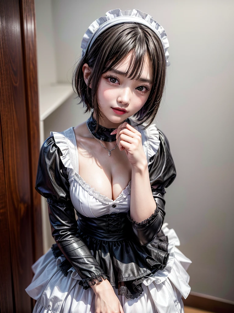 Accurate depiction with high resolution,(8K, Photorealistic, Raw photo, of the highest quality: 1.3), (1girl in), Super beautiful, (Realistic face), (boyish, Silver Color Berry Shorthair), Beautiful , Glare that captivates the viewer, Beautiful expression, Beautiful breasts, (Realistic skin), Be...Super high quality, super high definition, super detailed, masterpiece, 20years old, female, cute, perfect face, beautiful, nice body, gothic ta clothes, gothic loliashion, frilly skirt, headdress, necklace, bracelet, knee-high socks, boots, double eyelids, tear bags, Detailed down to the fingers, photo-like description, indoors, dim indoor lighting, black hair, short bob, standing, whole body, composition that shows the whole body, smiling
