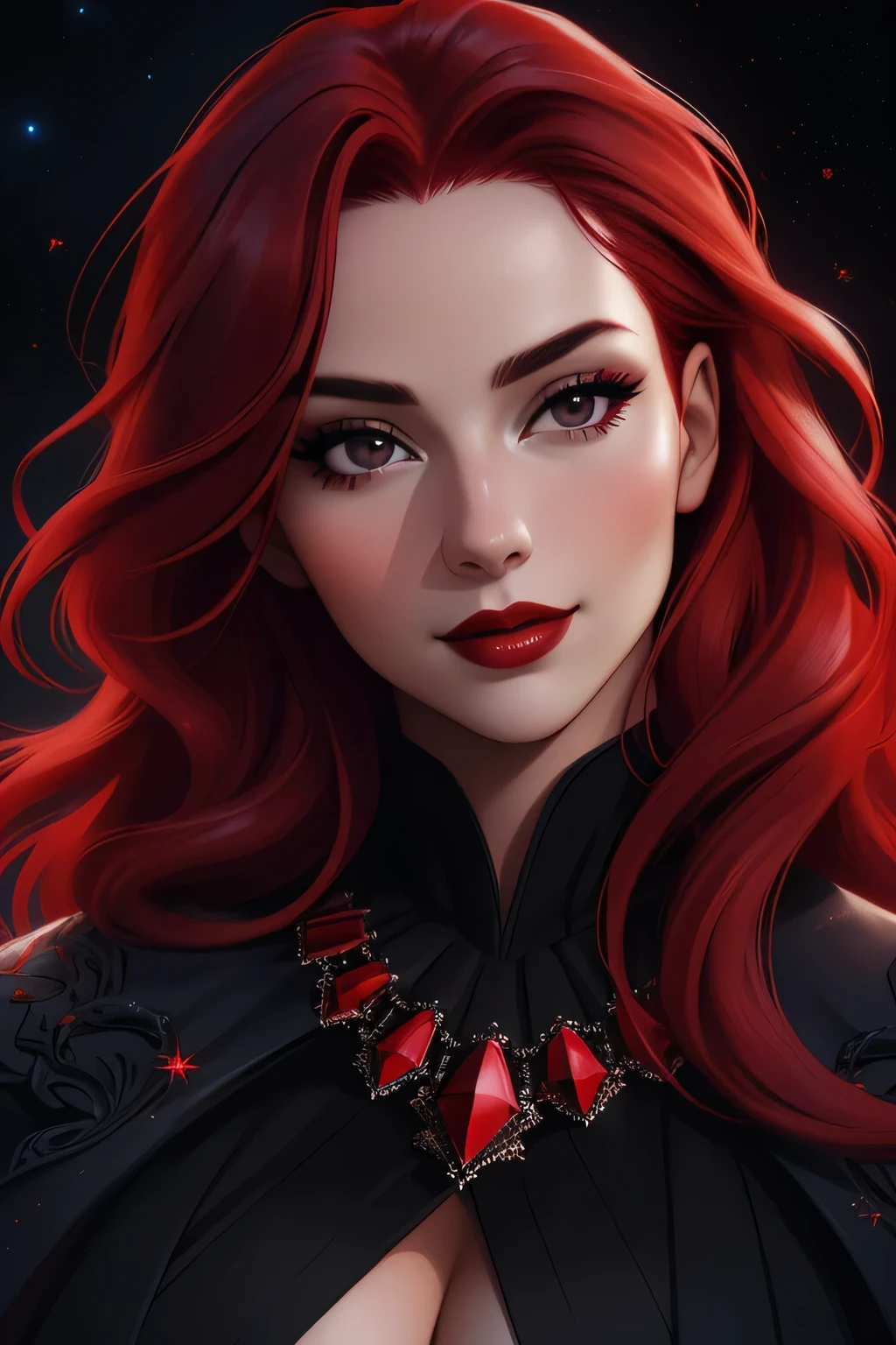 face close up, portrait shot, ((vivid red hair)), mature woman, 30 years old, diamond face, red starry sky background, depth of field, magic, big red lips, ((dark and black eyes)) black and red long and full dress, covered chest, mystical atmosphere, ominous shadows, Intense blue aura, Intense red aura (best quality:1.2), absurdres, intricate details, (highly detailed skin:1.2), smile expression, posing, taut and well defined body, attractive. Highly realistic, white skin, beautiful, hyperrealism, skin very elaborated, direct gaze,