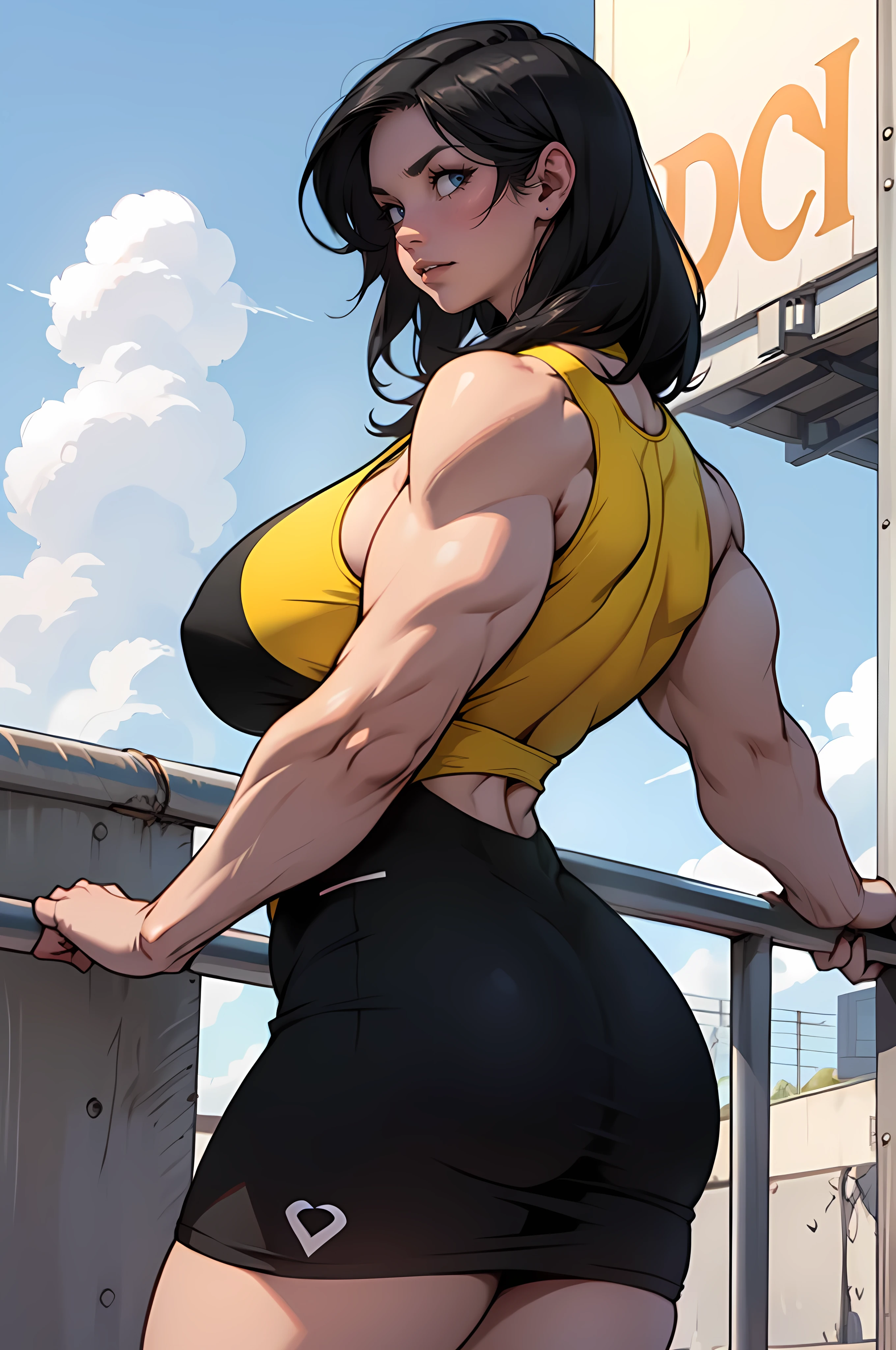 ((massive female bodybuilder))) (((huge breasts))) thick sunny sky clouds black hair yellow eyes sundress black hair yellow eyes pale skin solo happy