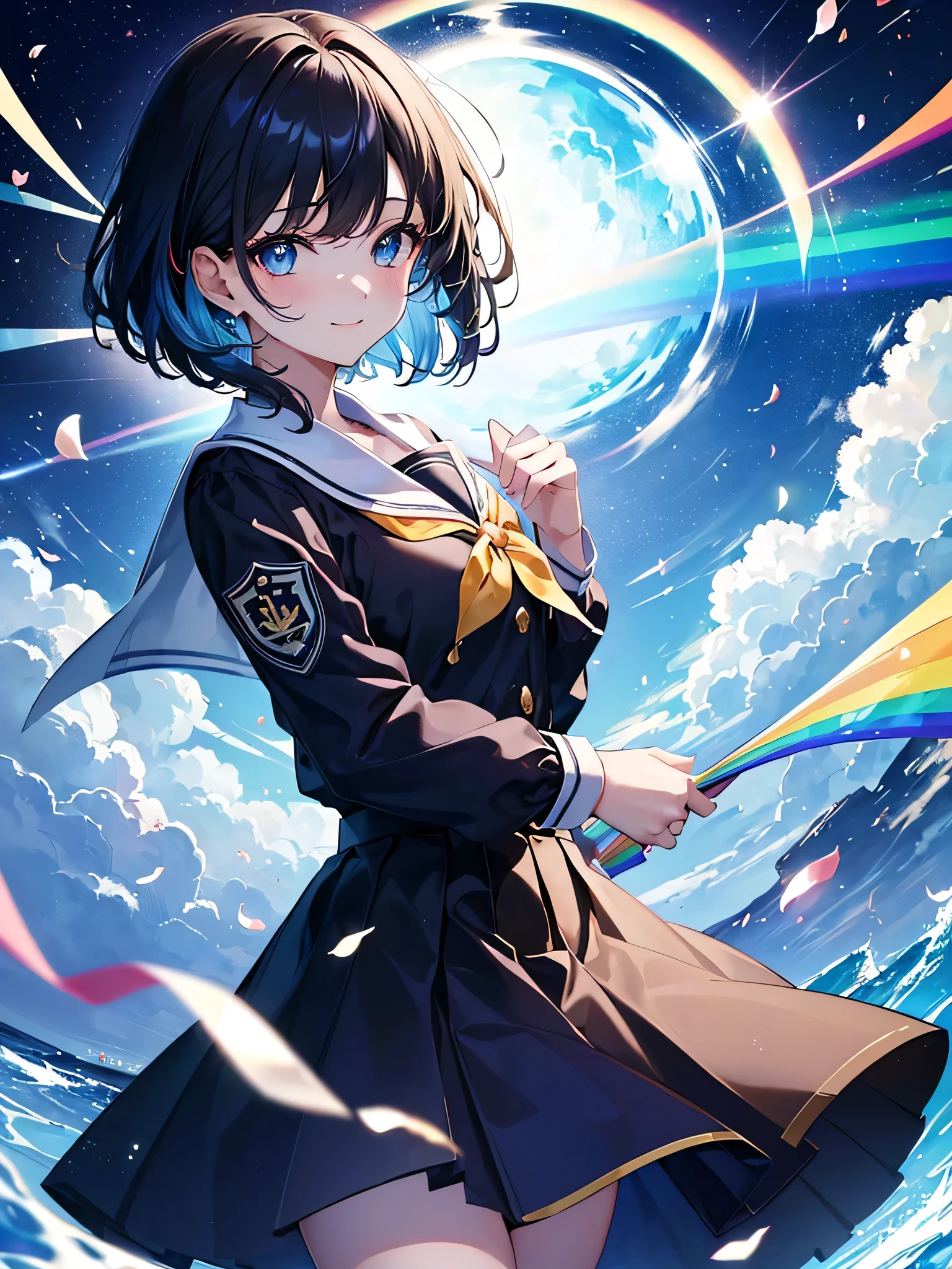 ((top-quality)), ((​masterpiece)), ((ultra-detailliert)), (extremely delicate and beautiful), girl with, solo, smile,((High school uniform)),She is very(relax)with the(Settled down)Looks,A dark-haired,Bright dark blue eyes,Inner color with black hair and bright light blue tips,rainbow、A place where the rainbow falls、Rainbow on background、,Short Hair、hairpin、Small breasts、Sparkling eyes、Girl Flying in the Sky、Rainbow color
