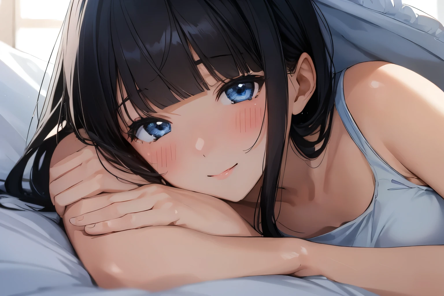 Masterpiece、highest quality、1 female、Super detailed Black Hair、Blunt Bangs Blue Eyes、Detailed depiction of the eyes Smiling、blush Tank top Face is close、Facial Close-up、Bring your face closer Sheetsに寝転がる、Lying on your side Sheets