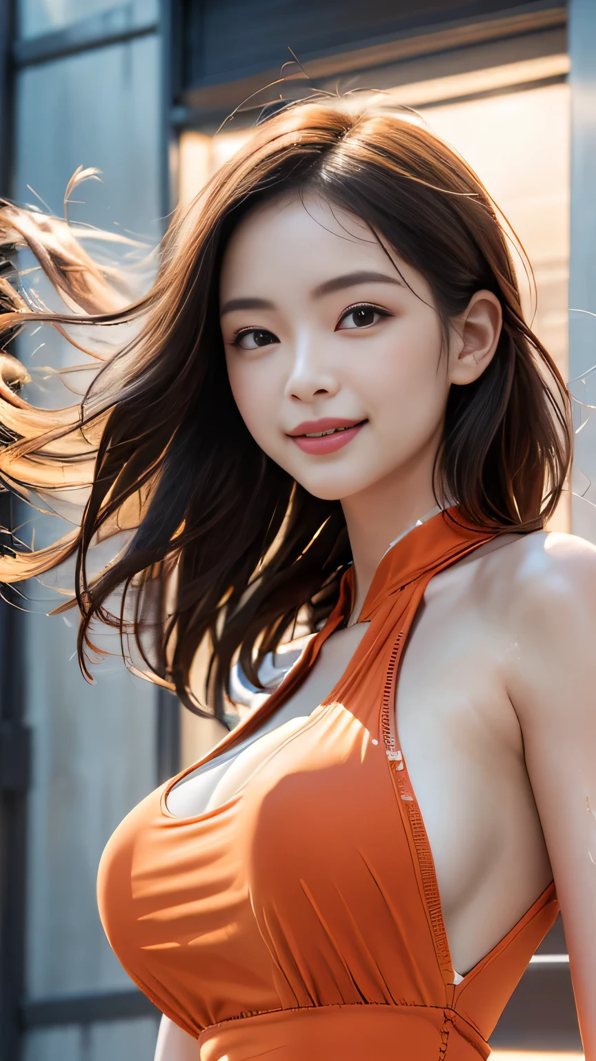 Genuine、8k、Pieces fly、(((1 female)))、28 years old、(High resolution)、(Upper body portrait:1.8) 、((Round face, smile, Big Breasts,Big Ass、orange glowing dress )), Droopy eyes, Fashion Model、Genuine skin leaking, (((Angle from below))), (barefoot、Between the legs), Urban rooftop、sunlight、Face becomes red, ((Skeletally correct body))、(Perfect Body Proportions), (Perfect hands), (Perfect Fingers),(Oily skin:1.5)