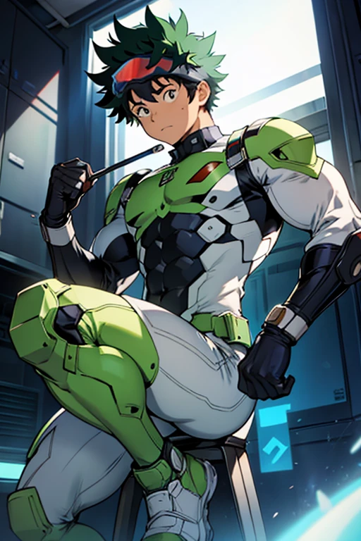 Besides, The suit has metal protectors on the elbows and knees, as well as a transparent visor that covers Izuku&#39;s eyes,