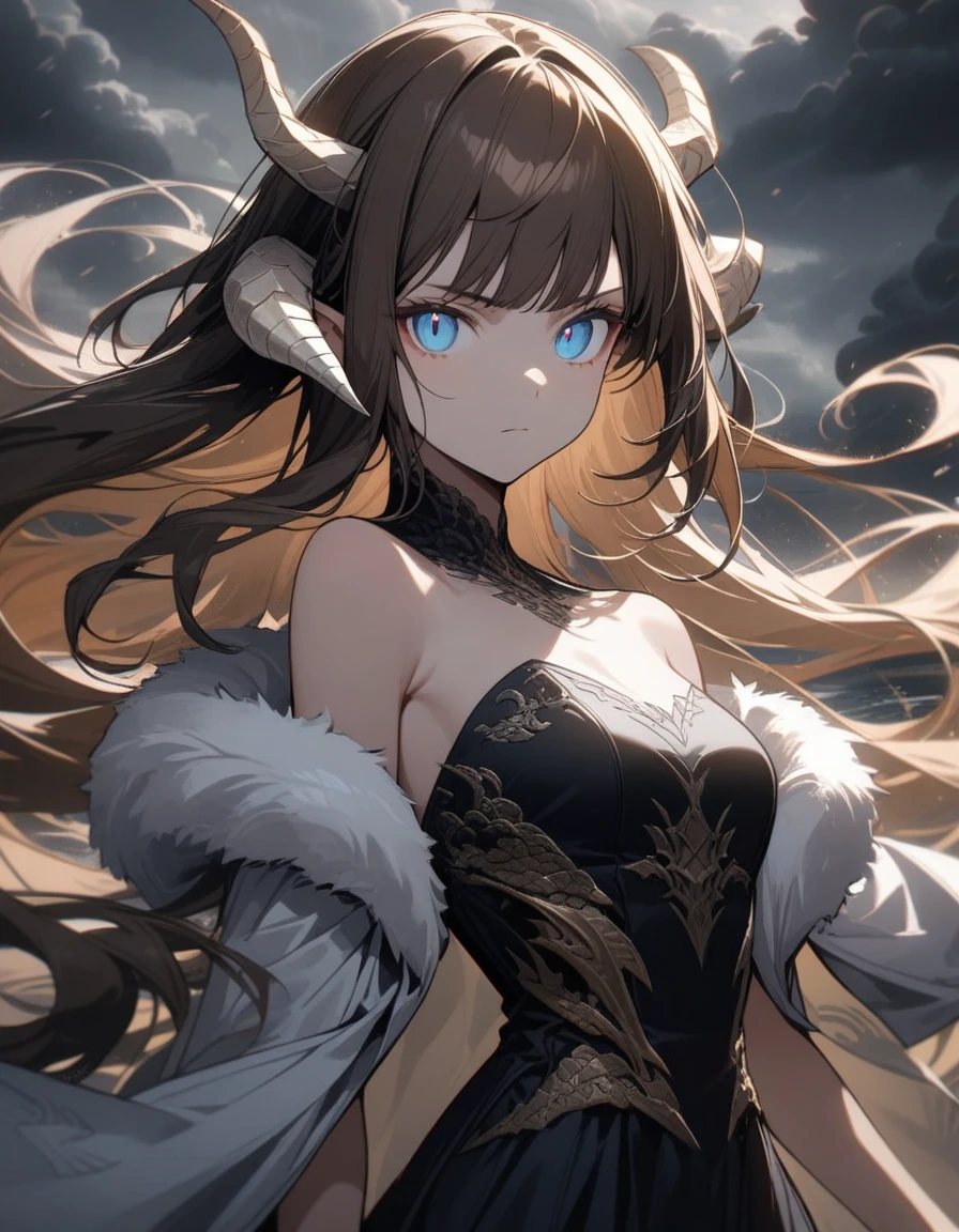 1 girl, blue eyes, narrow pupils, brown hair, very long hair with bangs, flowing hair, upper body, dynamic, many details, beautiful, detailed, dressed in a black strapless dress, black high gloves, sleeveless dress, neckline, medium chest, shawl on shoulders with fur trim, white scales cover the skin, white dragon wings, white dragon horns, outside, cloudy, dark clouds, hurricane, strong wind, looks at the viewer, dragon tail is white, serious look, gentle tones