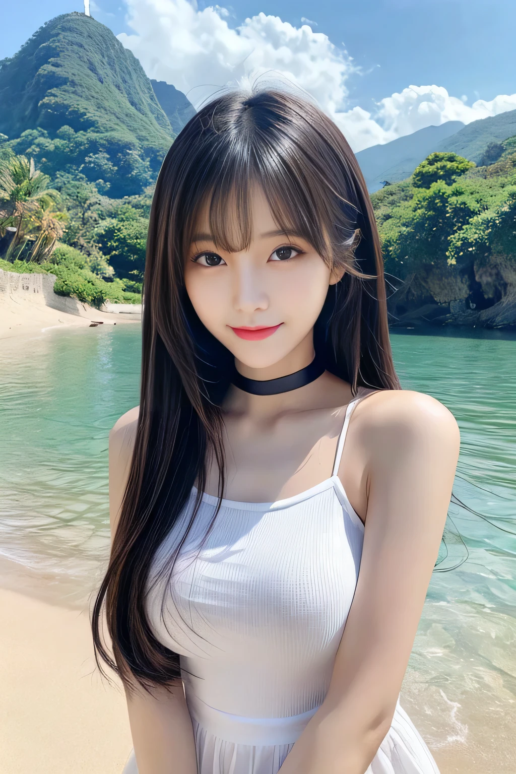 Asian woman in alafed in white shirt, Korean Girls, gorgeous young Korean women, beautiful south Korean women, Enchanting anime girl, Beautiful Asian Girl, beautiful young Korean women, Japanese Goddess, Korean women, Attractive anime girl, Gorgeous Chinese Model, Beautiful and attractive anime , A real young gravure idol, Beautiful and attractive anime women, Cute seductive smile、Slim figure、Black choker, Standing position、Private beach、Bright mountain path