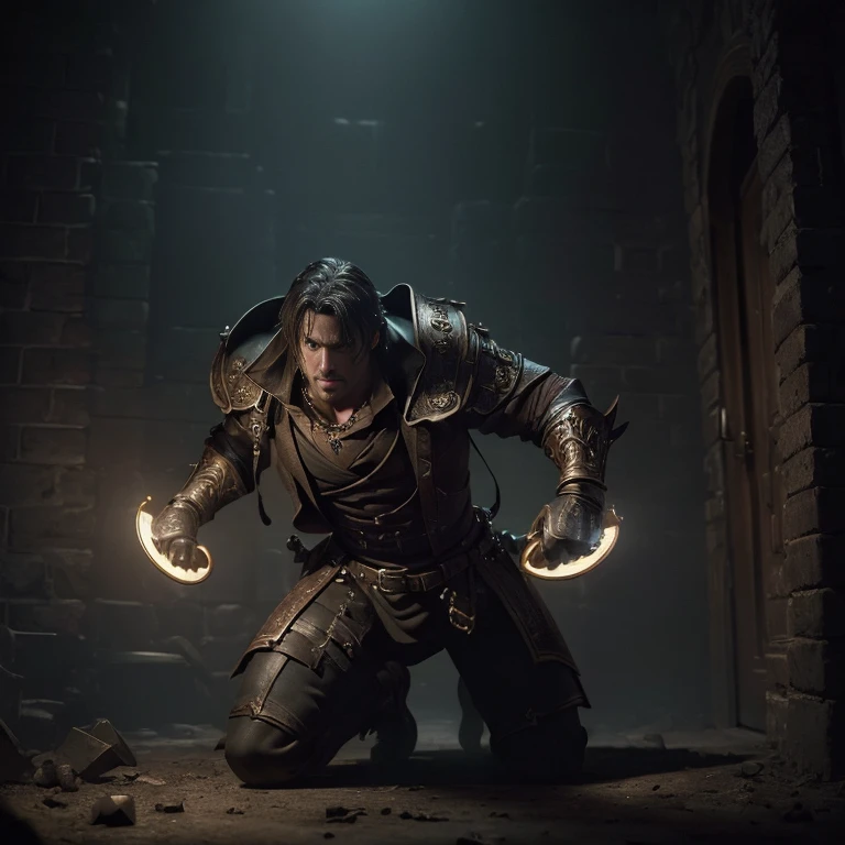 (master piece:1.5), (best quality:1.5), (exquisite lighting and shadow, highly dramatic picture, cinematic lens effect) (Photorealistic picture) (Card game image) 8k, wallpaper, dynamic pose, a mimic, dark dungeon background, highly detailed, realistic, cinematic lighting, studio quality