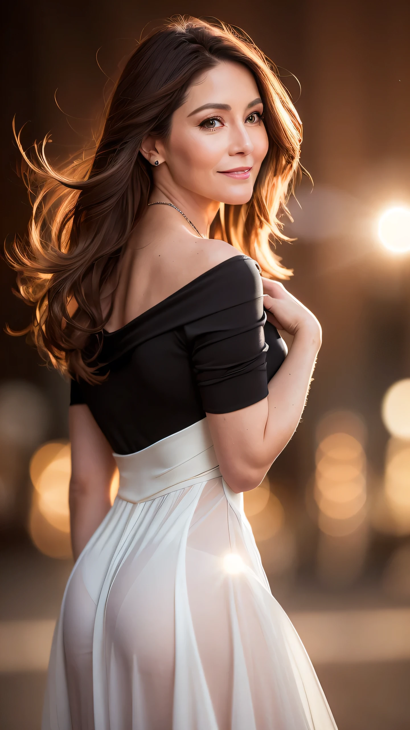 Caucasian brown haired woman, 60 years old, goddess, bloom, Lens flare, (8k, to be born, Professional, highest quality, masterpiece:1.2), (Realistic,photoRealistic:1.37), Very detailed, Back view, (25mm portrait wide angle), (Most detailed skin:1.2), (The most detailed face:1.2), Cinema Lighting, 1 female, European, Straight brown hair, (the wind is strong), Death Files on Fashion Events, ((At night)) Warm White Light, Looking at the camera, ((Fashion Complex Black Dress)), polite smile