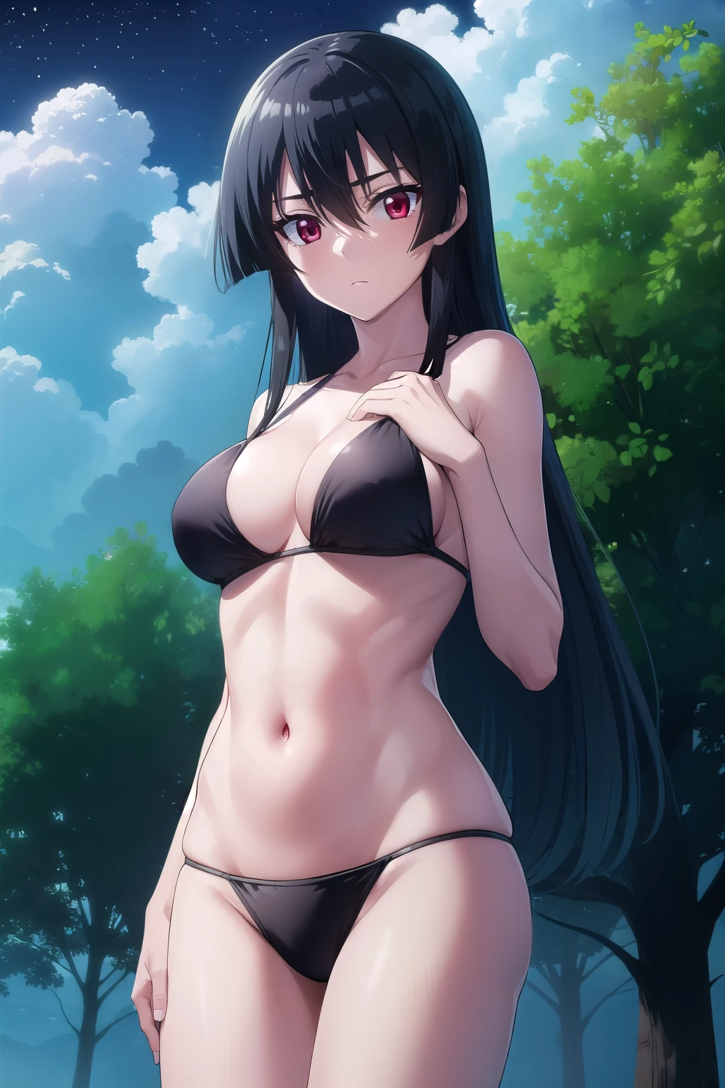 agkakame, akame, long hair, black hair, (red eyes:1.3), hair between eyes,
BREAK black bikini
BREAK outdoors, forest, nature, trees, grass, sky, clouds, night sky, night,
BREAK looking at viewer, (cowboy shot:1.5),
BREAK (masterpiece:1.2), best quality, high resolution, unity 8k wallpaper, (illustration:0.8), (beautiful detailed eyes:1.6), extremely detailed face, perfect lighting, extremely detailed CG, (perfect hands, perfect anatomy),