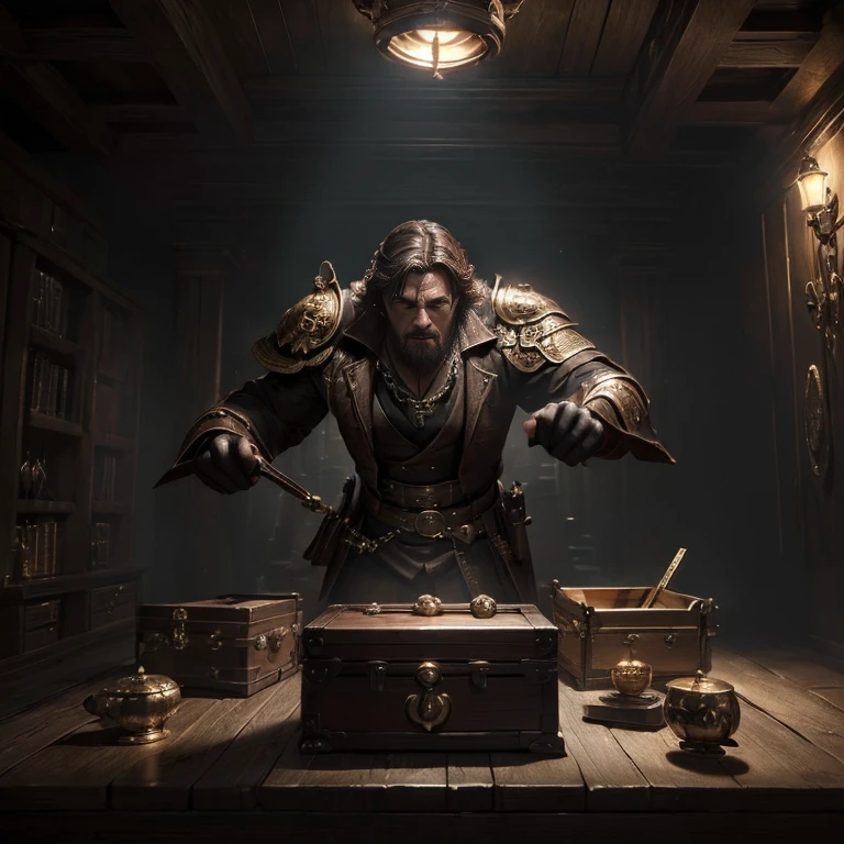 (master piece:1.5), (best quality:1.5), (exquisite lighting and shadow, highly dramatic picture, cinematic lens effect) (Photorealistic picture) (Card game image) 8k, wallpaper, dynamic pose, a mimic, treasure box, dark dungeon background, highly detailed, realistic, cinematic lighting, studio quality