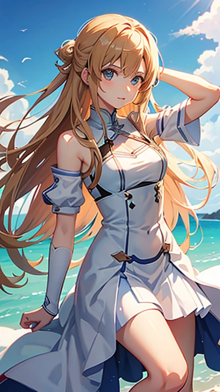 Menina bonita de 18 anos, ((((master part)))), (((extremely high quality)))), (((Very detailed))), dedos detalhados, Dedos precisos, Unnatural hands, illustration, 1 girl, sozinho, loira amarrada, olhos azuis, roupas de empregada de manga comprida, Meias Altas Brancas, certamente,