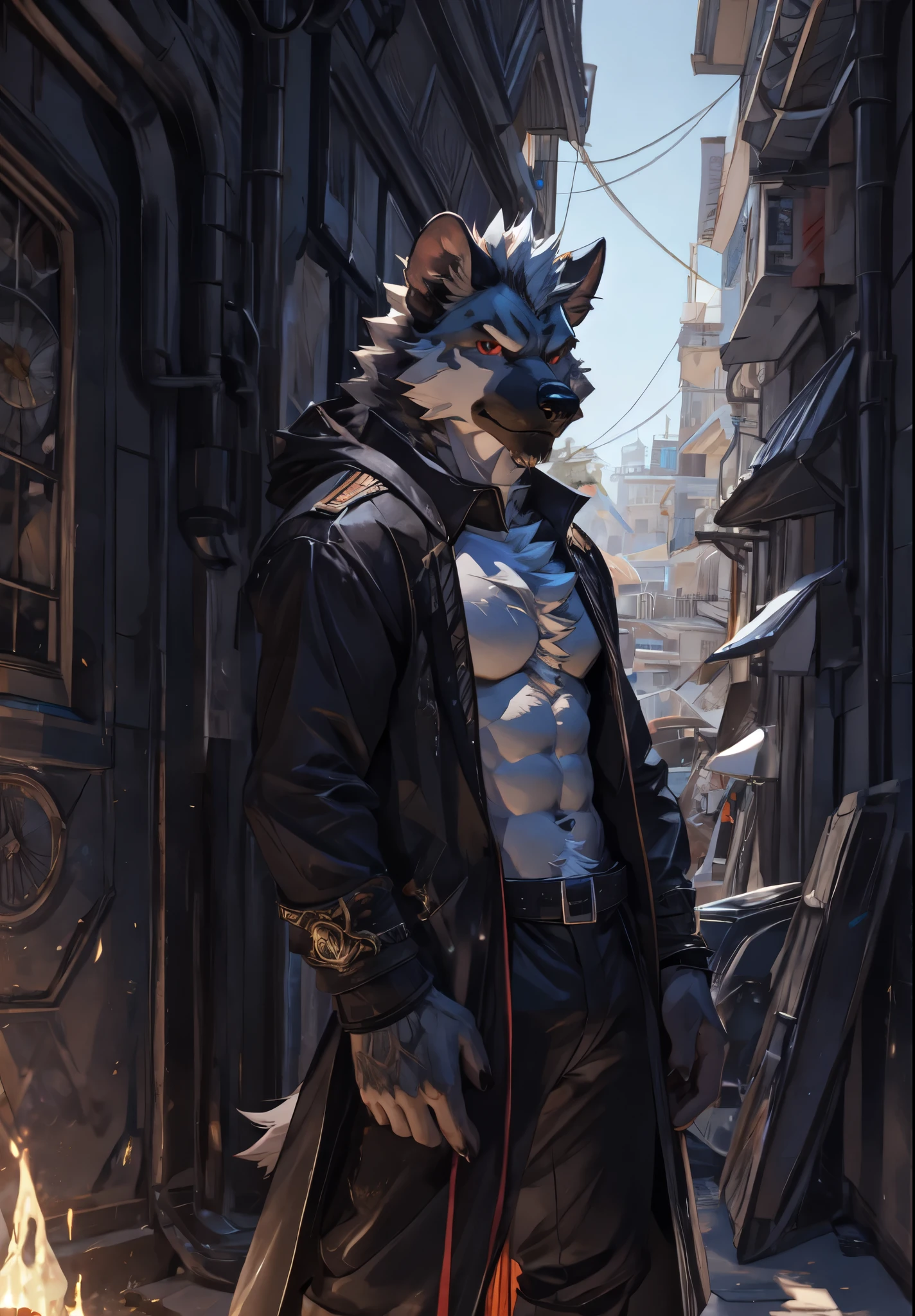 there is a Hyena standing in a city under the rain, half naked elder Hyena with a large tattoos, red eyes, angry face, bare chest, huge crotch, veins, fluffy chest, Sexybody, muscular, anthropomorphic, extra detailed body, detailed body, Best quality, masterpiece, ultra high res,detailed background,realistic, real shadow and light, depth of field, (looking at viewer), bare chest, Elder Hyena.