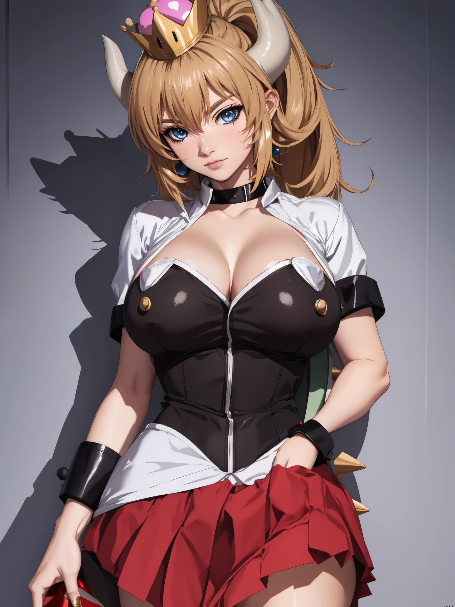 Bowsette, bible black , large breasts, fully body shot, white shirt, tight red skirt