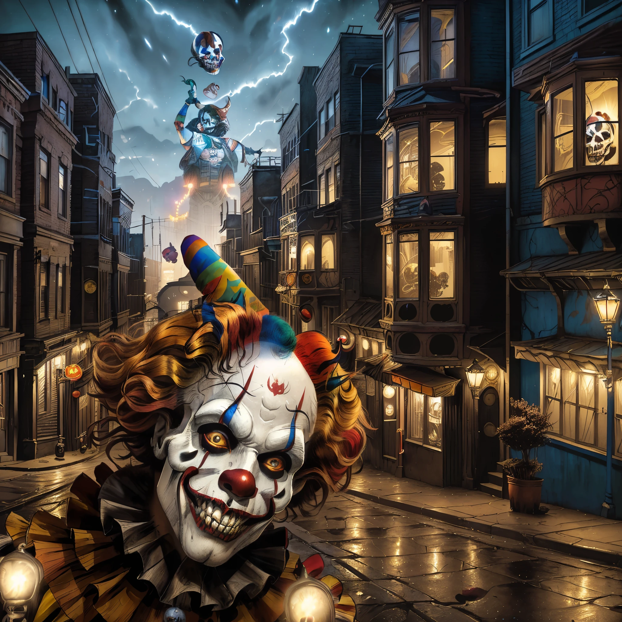 clown in a city street at night with buildings and lights, scary clown, murderous carnival freak, the clown is far from the camera, michael cheval (unreal engine, pennywise style, skull clown, skull clown inside a circus, clown, clown world, stylized urban fantasy artwork, impending doom in an alleyway, portrait death clown, portrait shot