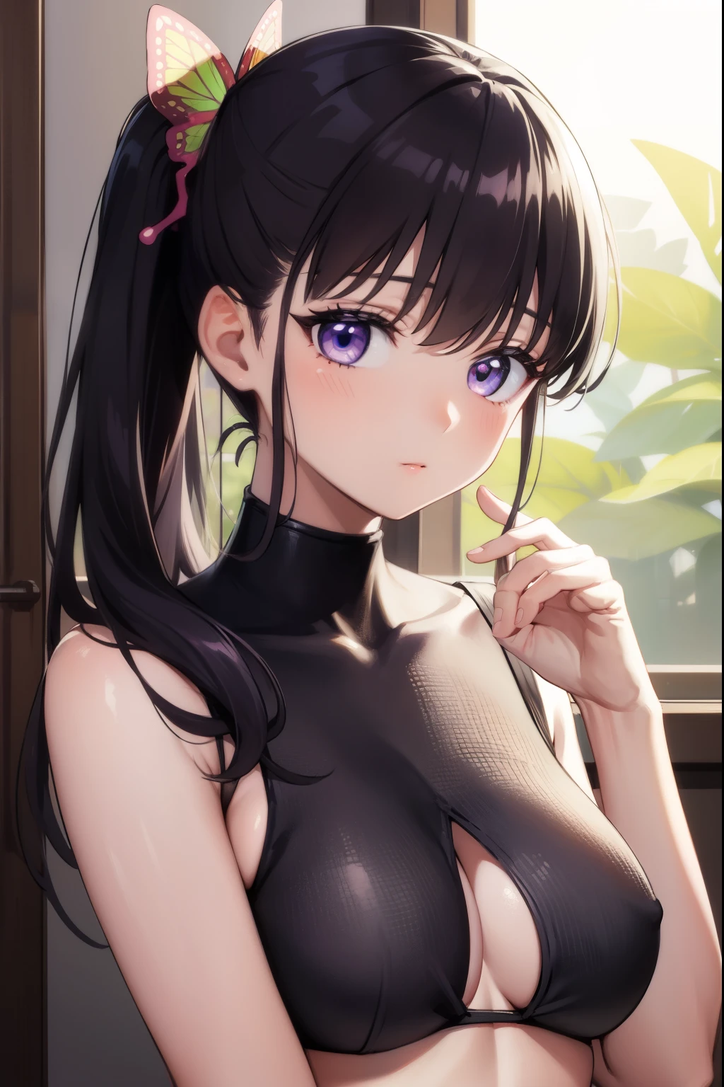 kanaotsuyuri, kanao tsuyuri, black hair, butterfly, butterfly hair ornament, (purple eyes:1.1), side ponytail, ponytail,
BREAK black bikini,
BREAK looking at viewer,
BREAK classroom,
BREAK (masterpiece:1.2), best quality, high resolution, unity 8k wallpaper, (illustration:0.8), (beautiful detailed eyes:1.6), extremely detailed face, perfect lighting, extremely detailed CG, (perfect hands, perfect anatomy),