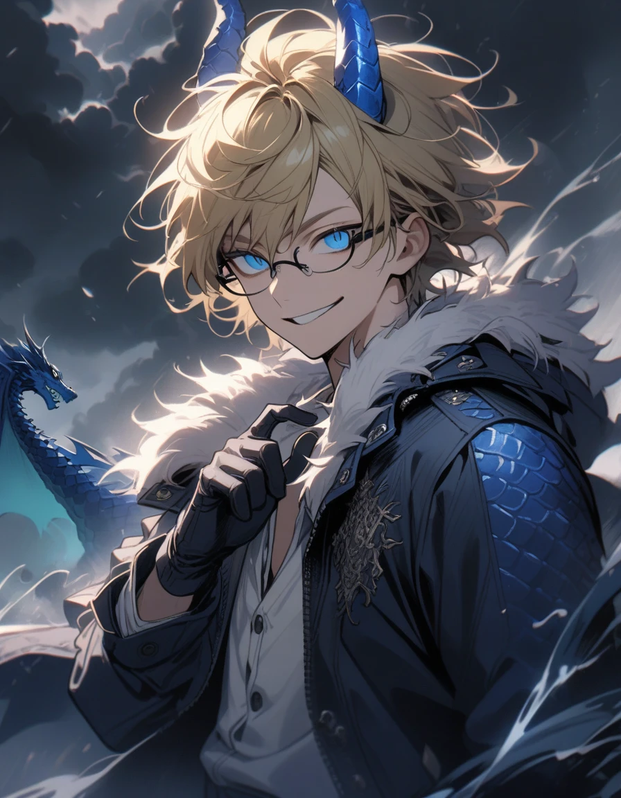 1 guy, blue eyes, narrow pupils, blond hair, shoulder-length short hair disheveled, wears glasses, upper body, dynamic, lots of details, beautiful, detailed, dressed in a black unbuttoned jacket with fur trim, white shirt, black gloves, blue scales cover the skin, blue dragon wings, blue horns dragon, outside, cloudy, dark clouds, hurricane, strong wind, looking at the viewer, dragon tail blue, diamond, sly look, sly smile, crazy smile, gentle tones
