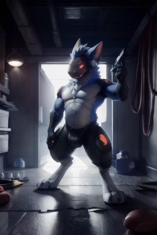 (( A Light Blue fur protogen furry character with dark red eyes looking very angry and holding some type of weapon pointing it towards the viewer with an evil look in his face with with a broken abandoned laboratory with broken lights and moldy walls hanging light from the ceiling with some people laying down on the ground and not moving, really nice digital art colors tones, simple composition) ), hentai, , anthro, , male, tall, shortstack , muscular chest , muscular , angle, looking at viewer, extremely detailed, photorealistic, 3d render, high quality digital art, smug grin, detailed eyes,  ,good anatomy, good perspective, towards viewer, by bebebebebe, by sicklyhypnos, by gerkk, by orf, (by by cutesexyrobutts, by darkgem, by zackary911, (by by singafurian, by daftpatriot, sassy, cute, early 20s, detailed face, handsome, slightly chubby and big muscles , face, detailed mouth, hentai style, shirtless, sfw, show off, close up , anthro, boy, male, short, shortstack,, muscular, standing, angle, looking down at viewer, background, extremely detailed, photorealistic, 3d render, high quality erotic digital art, smug grin, detailed eyes, , good anatomy, good perspective, towards viewer, by gerkk, by orf, (by mawmain:0.8), by cutesexyrobutts, by darkgem, by zackary911, (by tofu-froth:1.3), by singafurian, by daftpatriot, (soft belly:1.1), , you can see full body ,))