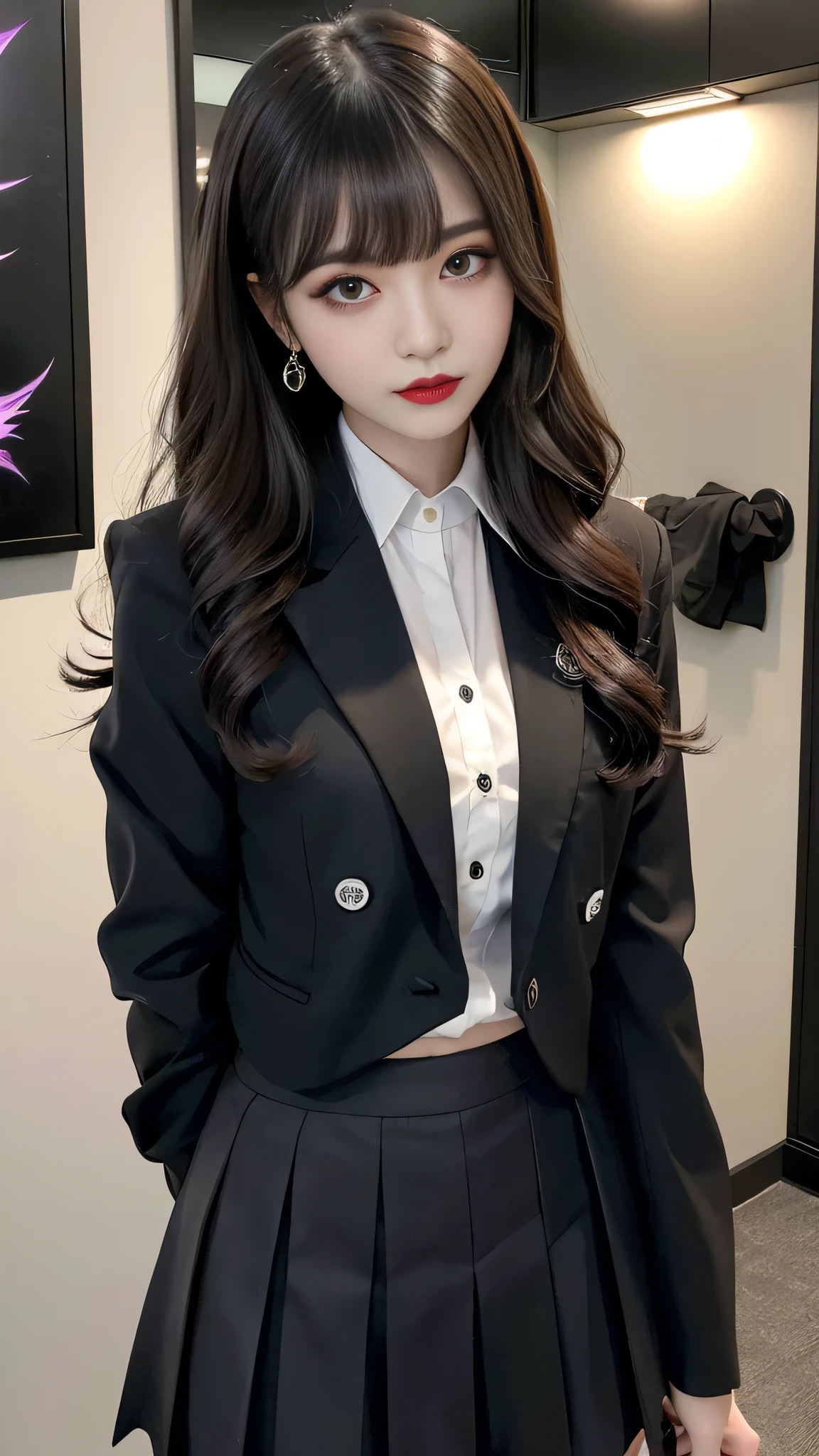best quality、ultra-detailed、4k、Japanese、Seductive beauty、seductive adult woman、Pretty Woman、cool girl、Villainess、Brainwashed、brainwash、Fallen into evil、smirk、Evil look、Wicked Smile、evil、Brown hair、wavy hair、swept bangs、dark makeup、dark makeup、piercing eyes、hollow eyes,half-closed eyes、Hollow Eyes、purple Eyeshadow、black lipstick、black lipglos、student、blazer、White Shirt、Black Ribbon、flare skirt、night、inside school、Have lipstick、Emblem of Evil、Crest of Darkness、Swear allegiance、I have pledged my allegiance、Dye black、Blackening、Stained with evil、Dyed in darkness、Seduce